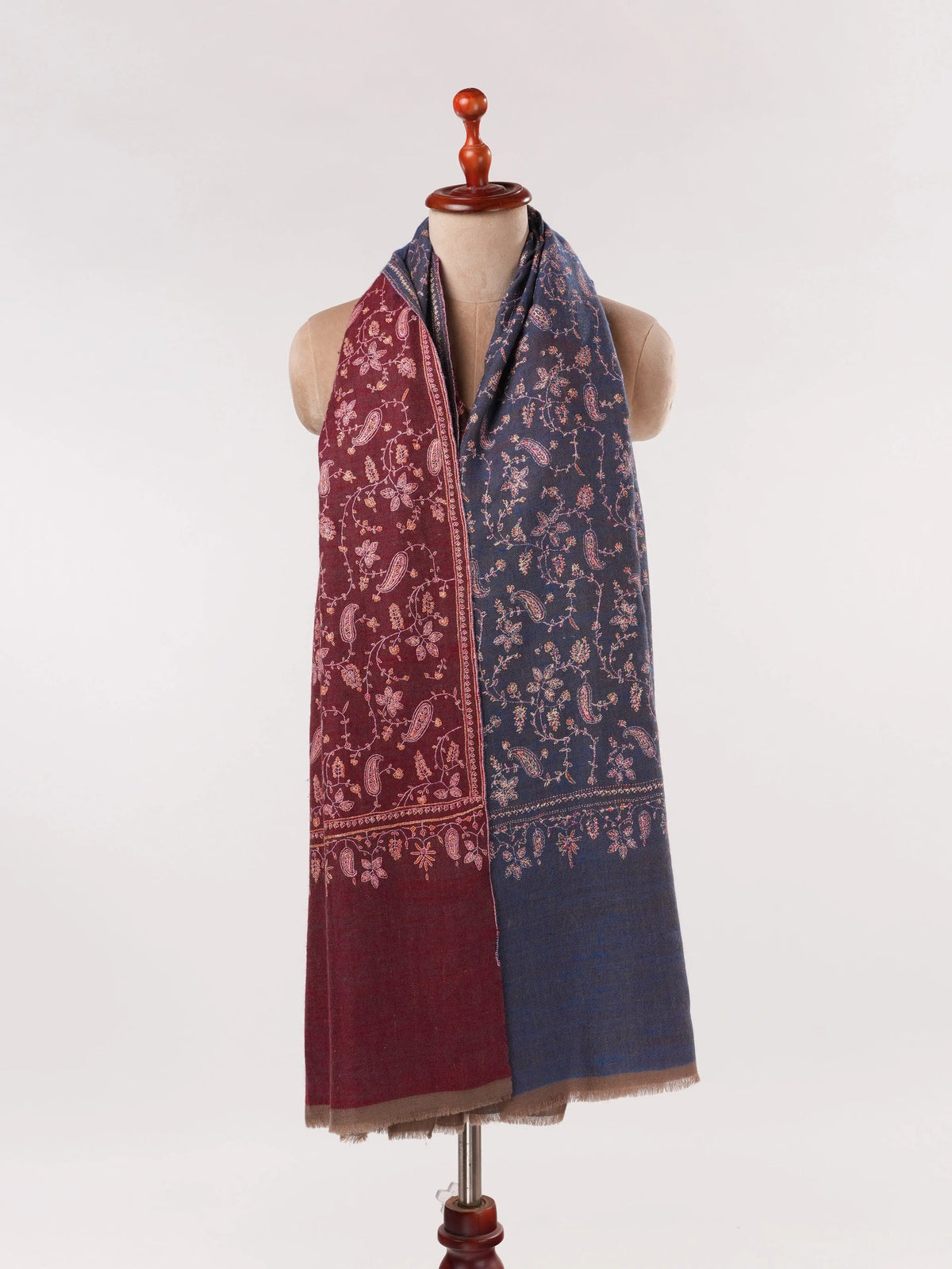 Double Shade Burgundy Blue Jali Hand Sozni Embroidered Handwoven Pashmina Shawl Shahkaar.com