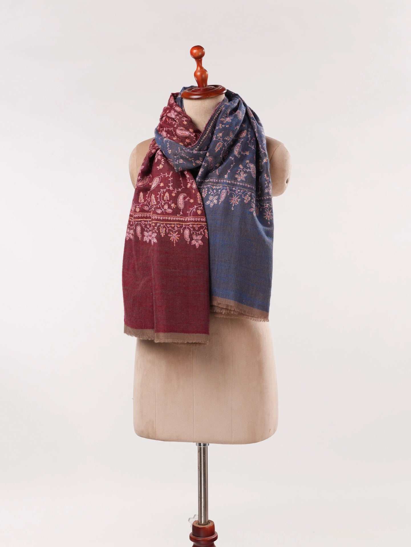 Double Shade Burgundy Blue Jali Hand Sozni Embroidered Handwoven Pashmina Shawl Shahkaar.com