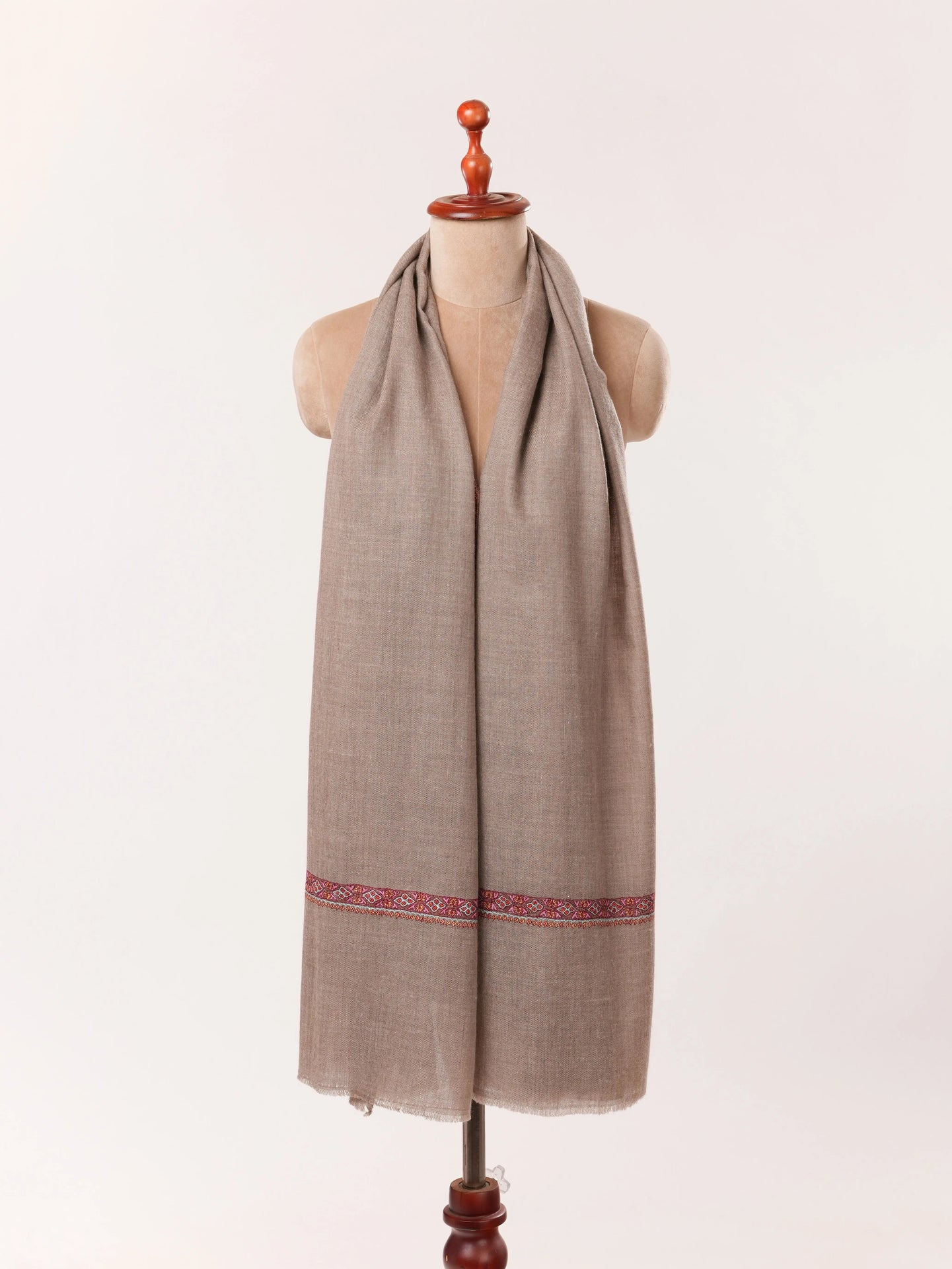 Natural Taupe Hashidar Scarf in Cashmere with Sozni Embroidery Shahkaar.com