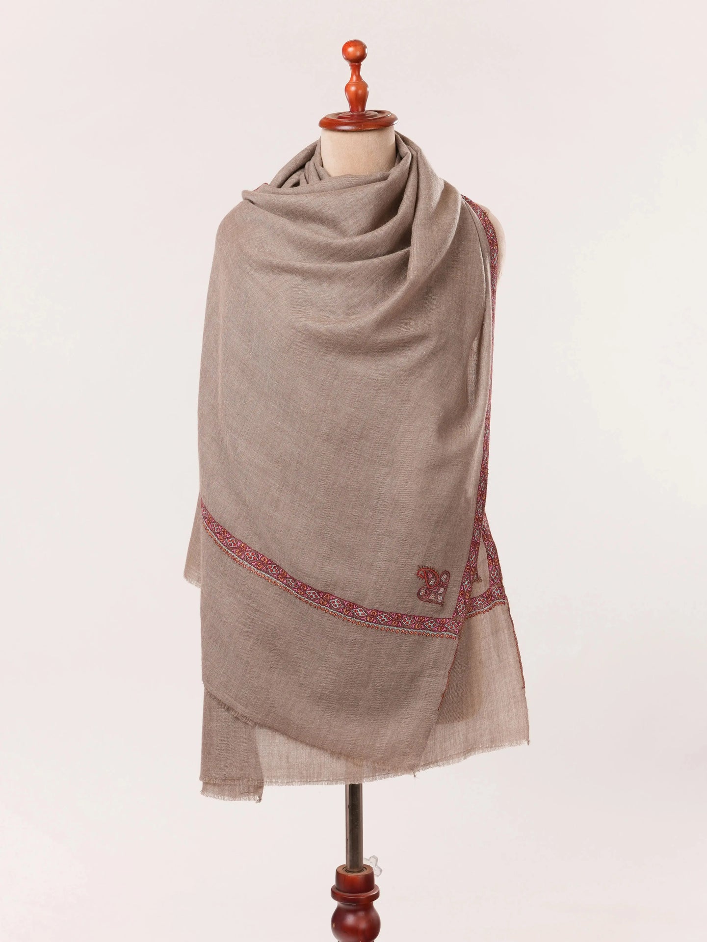 Natural Taupe Hashidar Scarf in Cashmere with Sozni Embroidery Shahkaar.com