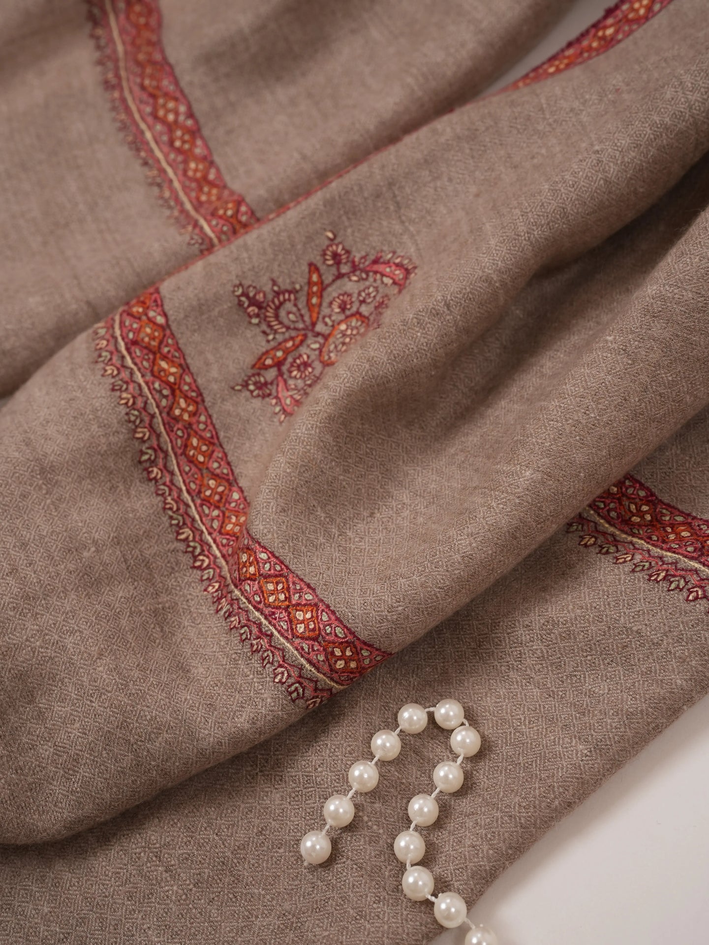 Natural Taupe Cashmere Scarf Featuring Hashia Hand Sozni Embroidery from Kashmiri Shahkaar.com