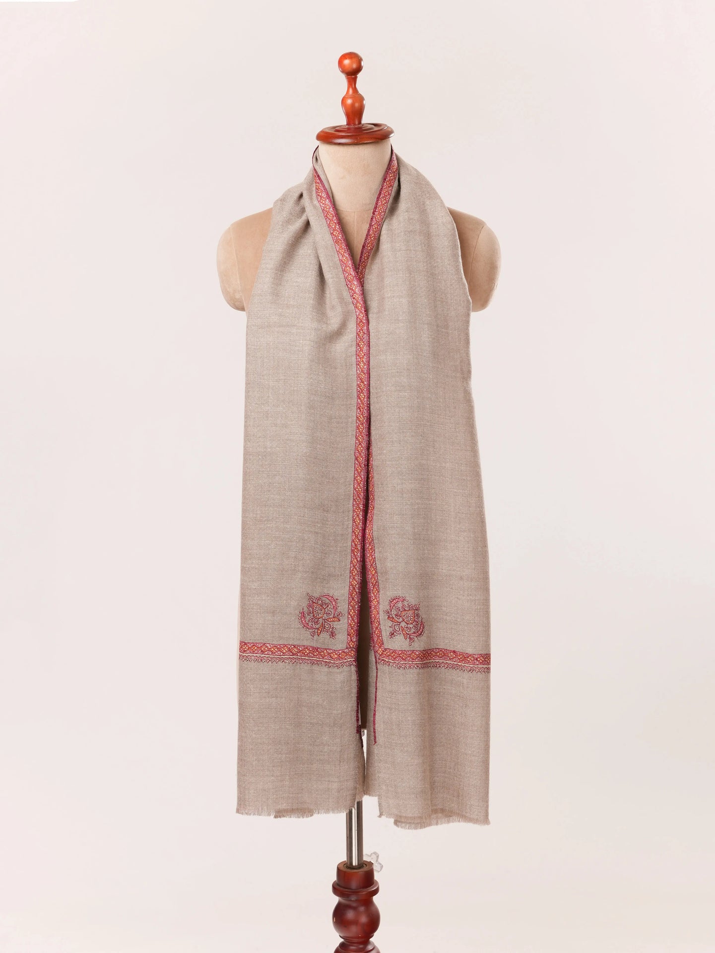 Natural Taupe Cashmere Scarf Featuring Hashia Hand Sozni Embroidery from Kashmiri Shahkaar.com