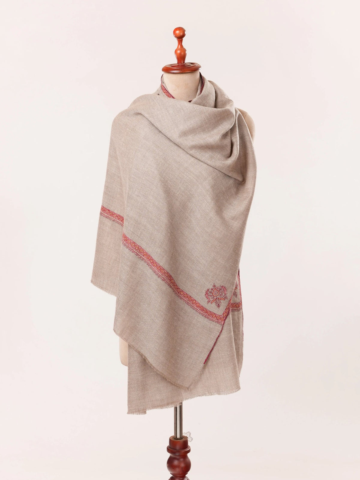 Natural Taupe Cashmere Scarf Featuring Hashia Hand Sozni Embroidery from Kashmiri Shahkaar.com