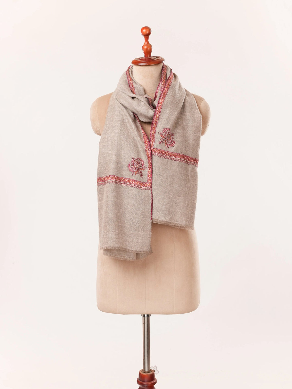 Natural Taupe Cashmere Scarf Featuring Hashia Hand Sozni Embroidery from Kashmiri Shahkaar.com
