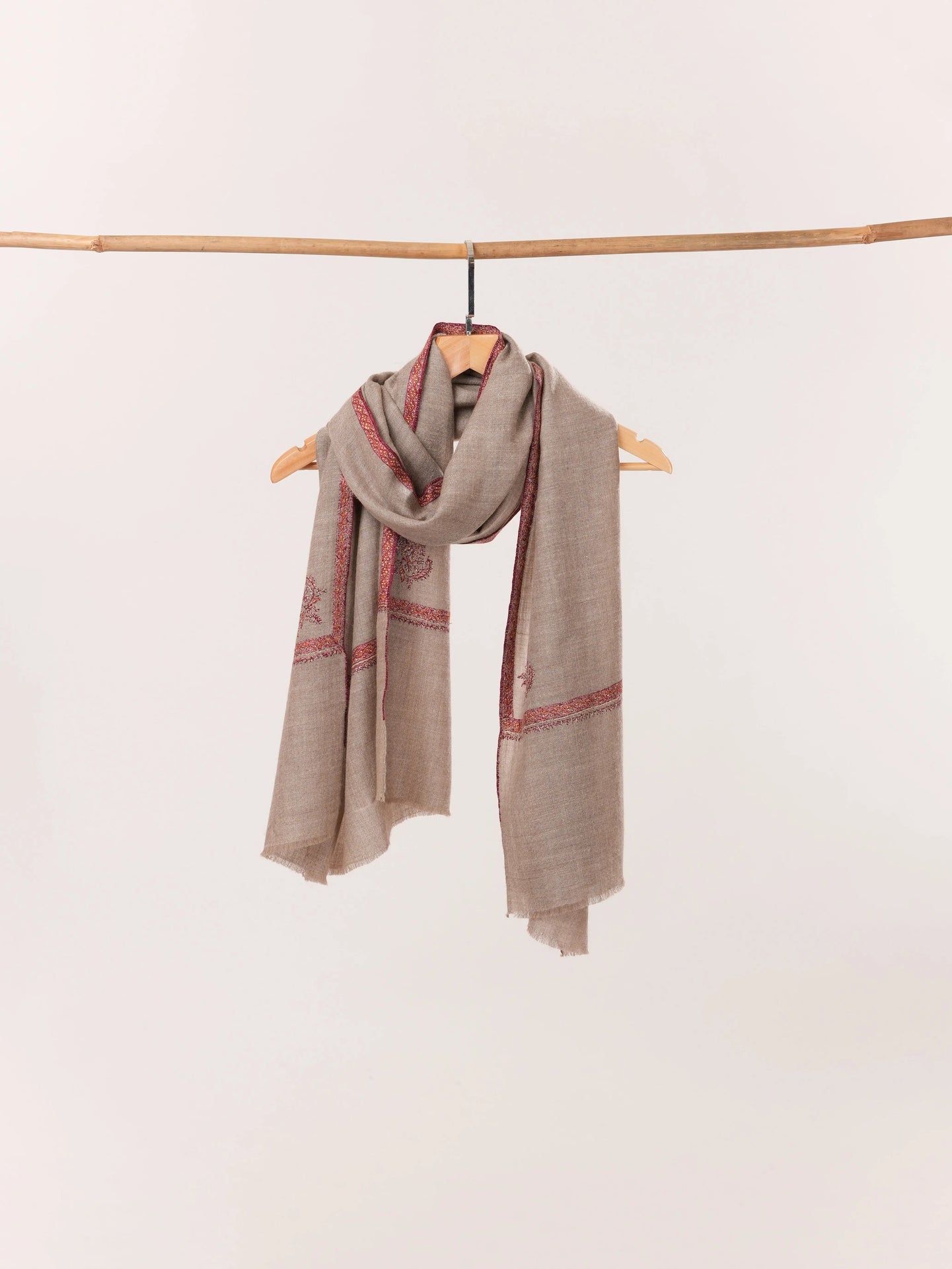 Natural Taupe Cashmere Scarf Featuring Hashia Hand Sozni Embroidery from Kashmiri Shahkaar.com