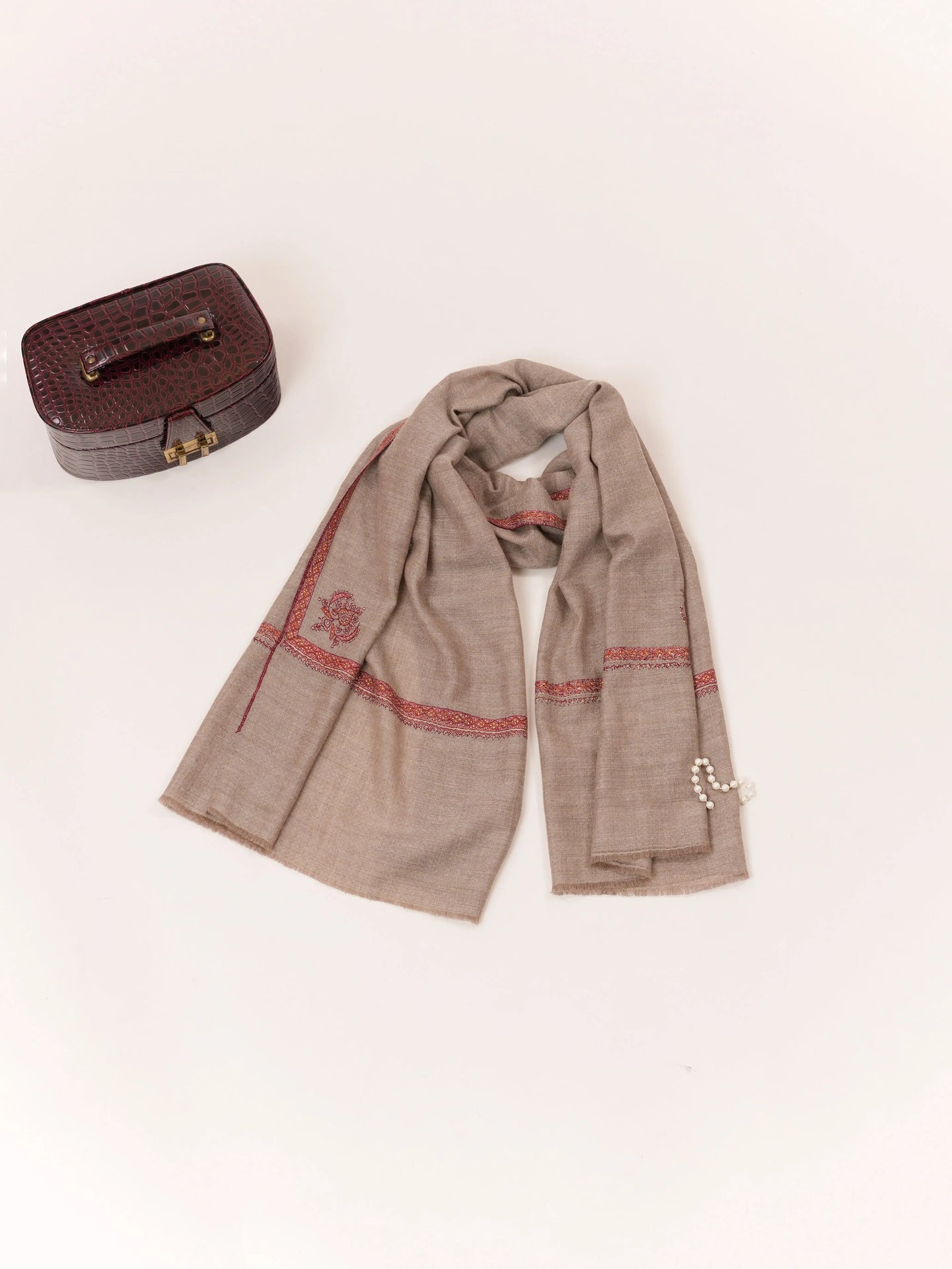 Natural Taupe Cashmere Scarf Featuring Hashia Hand Sozni Embroidery from Kashmiri Shahkaar.com