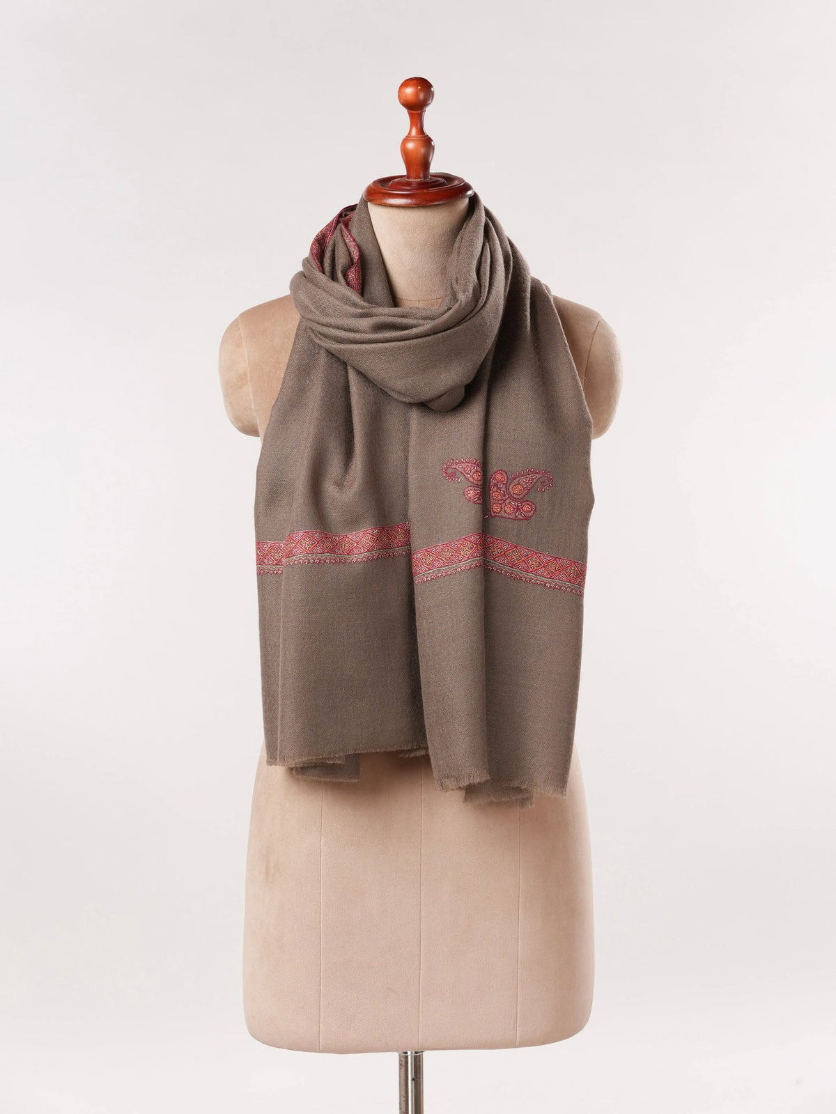 Handwoven Taupe Hashidar Sozni Embroidered Pure Cashmere Scarf