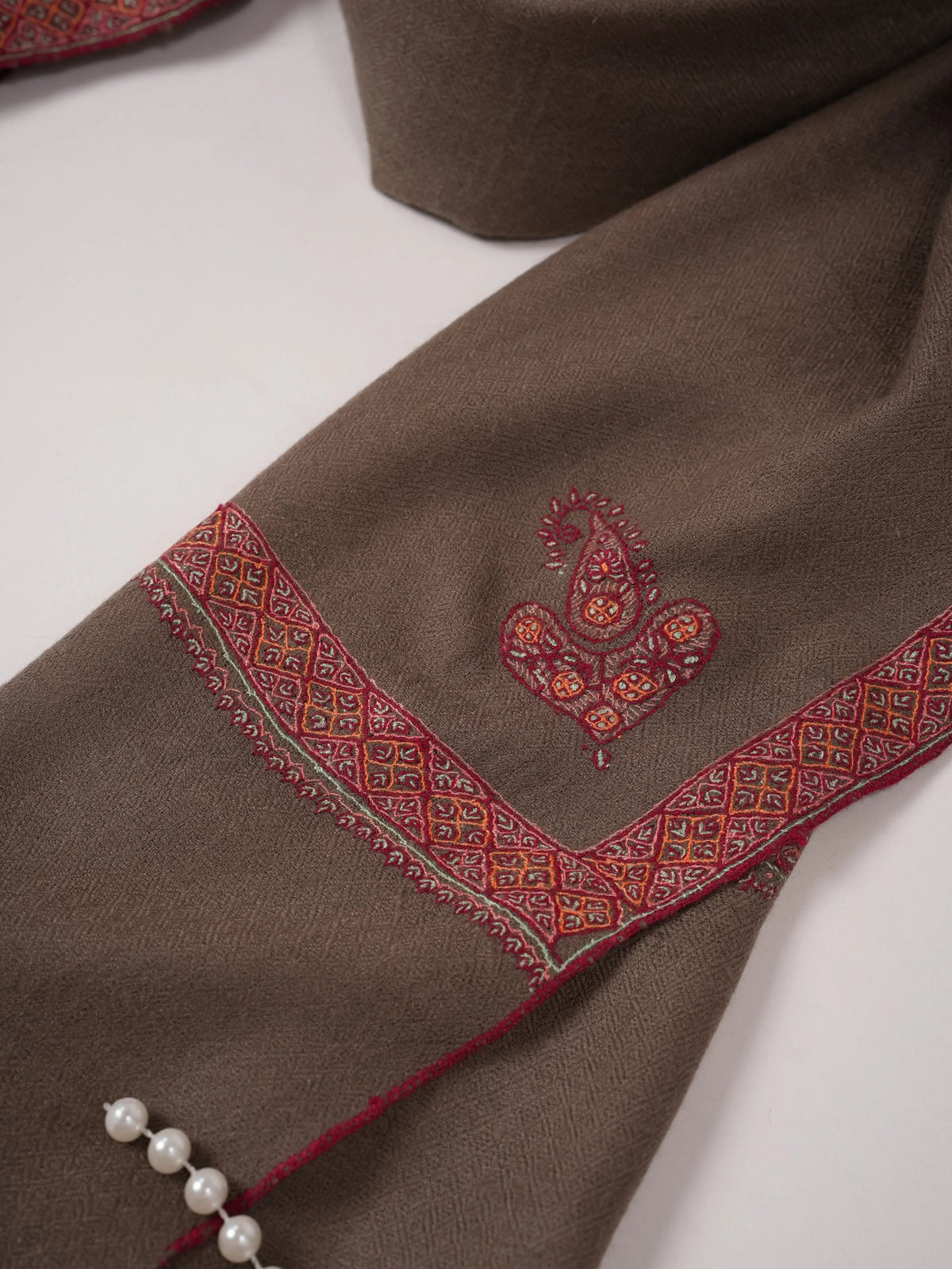 Handwoven Taupe Hashidar Sozni Embroidered Pure Cashmere Scarf