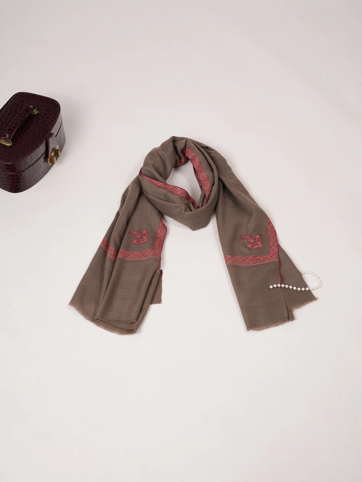 Handwoven Taupe Hashidar Sozni Embroidered Pure Cashmere Scarf