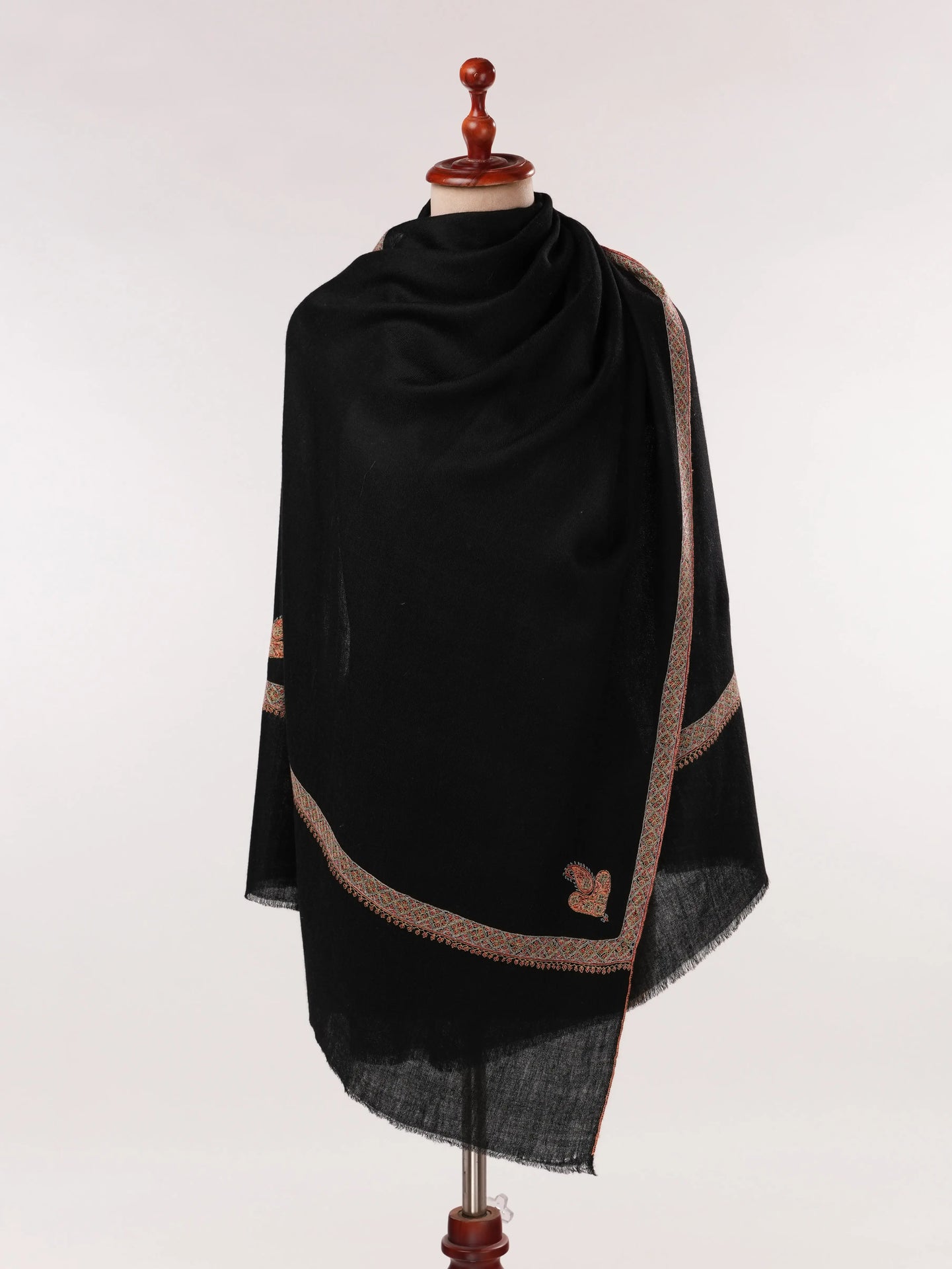 Black Handwoven Soft Cashmere Scarf with Kashmiri Hashia Sozni Embroidery Shahkaar.com