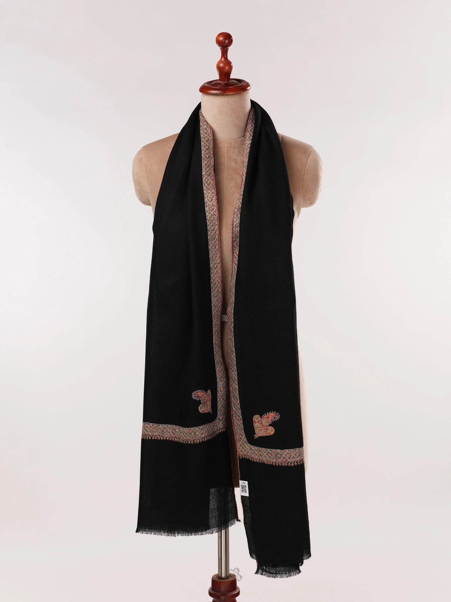 Black Handwoven Soft Cashmere Scarf with Kashmiri Hashia Sozni Embroidery Shahkaar.com