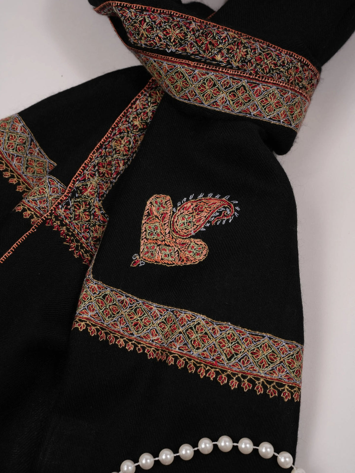 Black Handwoven Soft Cashmere Scarf with Kashmiri Hashia Sozni Embroidery Shahkaar.com