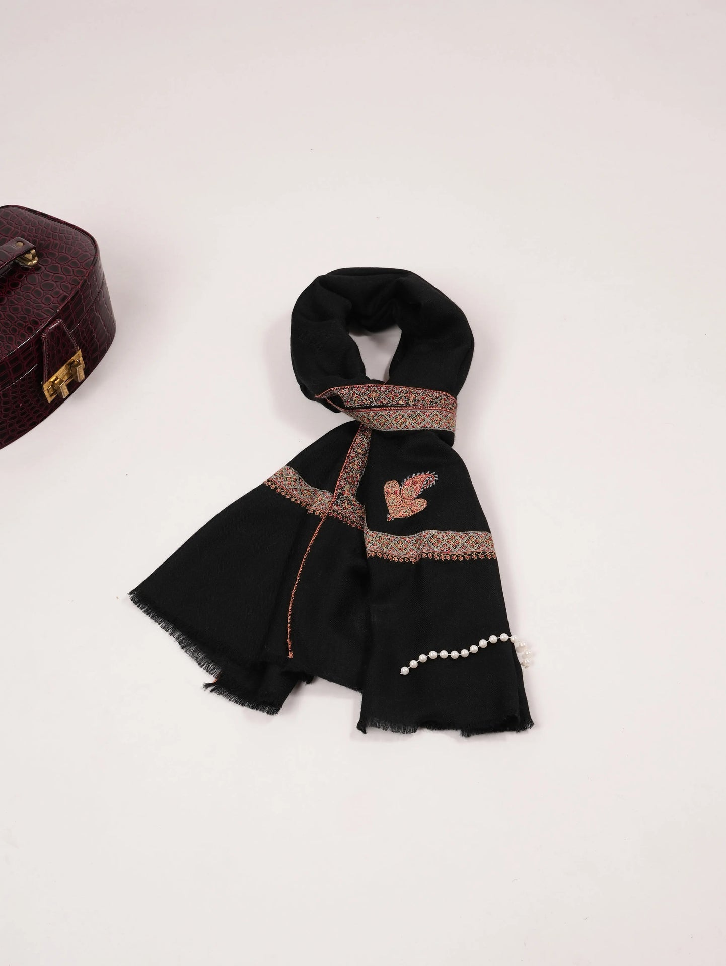 Black Handwoven Soft Cashmere Scarf with Kashmiri Hashia Sozni Embroidery Shahkaar.com