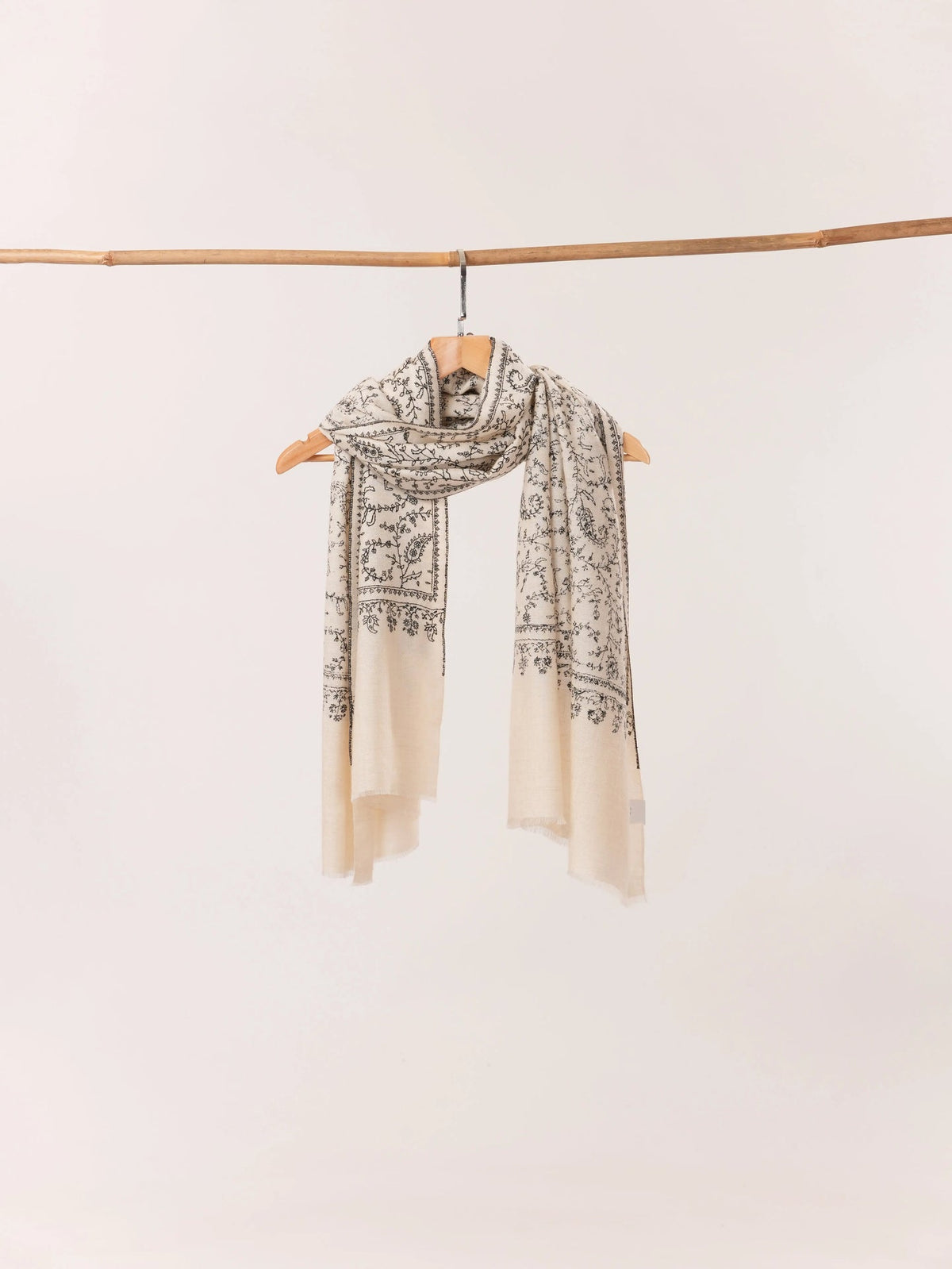 Natural White Cashmere Scarf Handwoven in Kashmir with Black Sozni Jali Embroidery Shahkaar.com