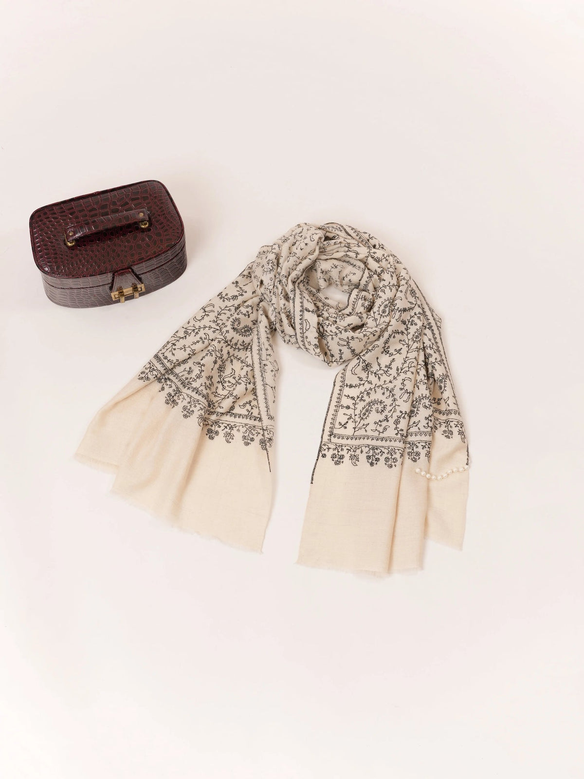 Natural White Cashmere Scarf Handwoven in Kashmir with Black Sozni Jali Embroidery Shahkaar.com