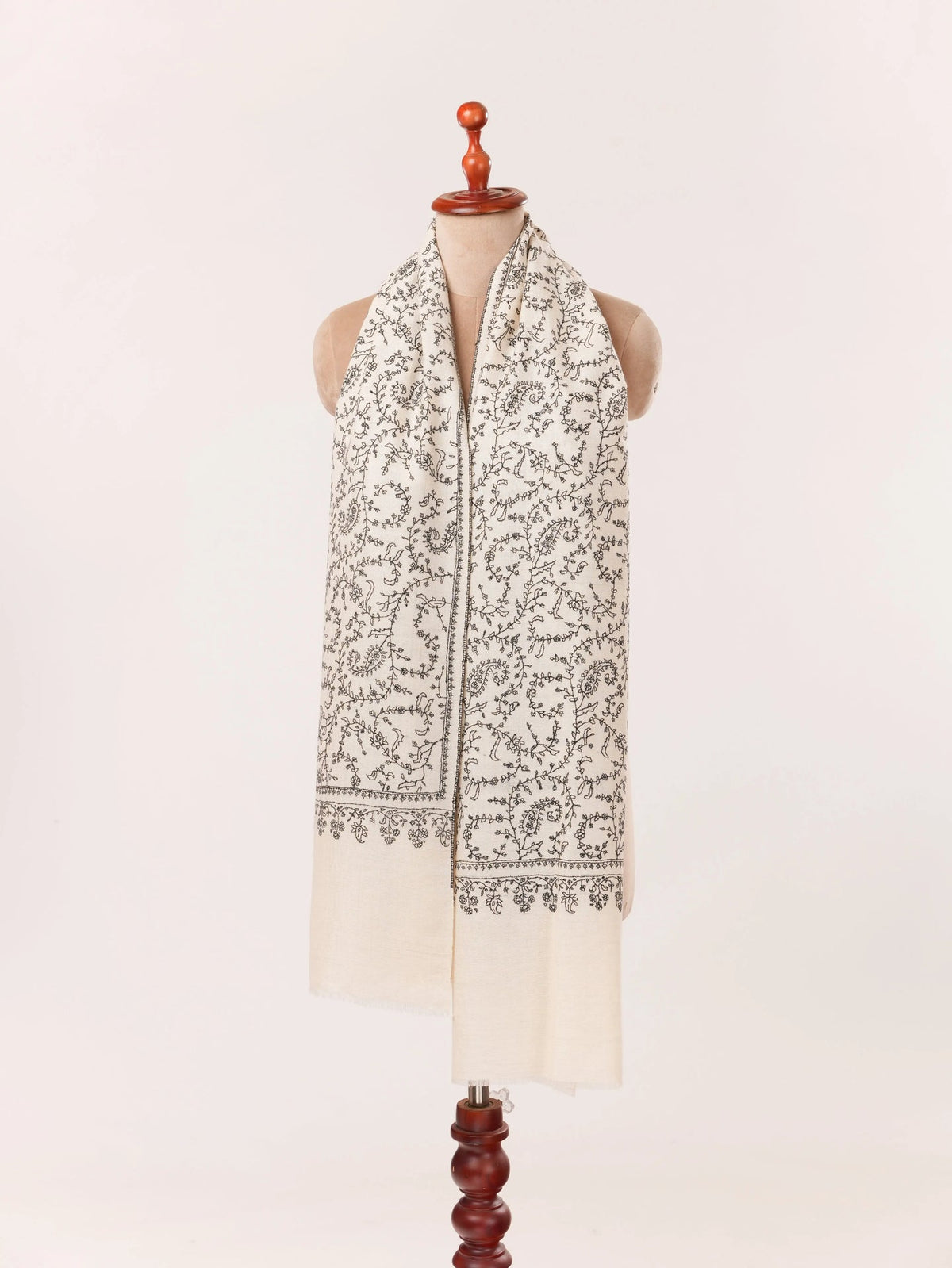 Natural White Cashmere Scarf Handwoven in Kashmir with Black Sozni Jali Embroidery Shahkaar.com