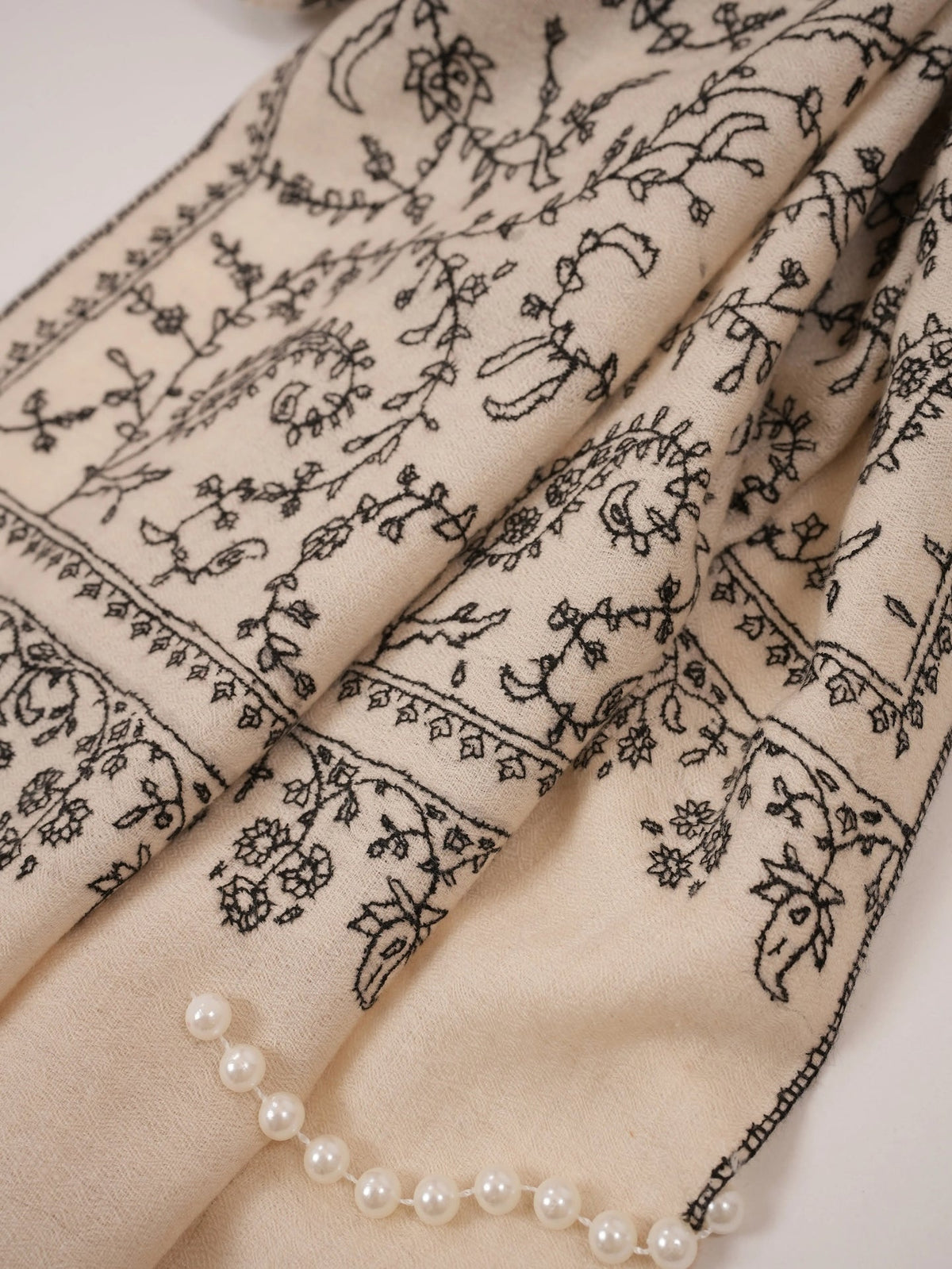 Natural White Cashmere Scarf Handwoven in Kashmir with Black Sozni Jali Embroidery Shahkaar.com