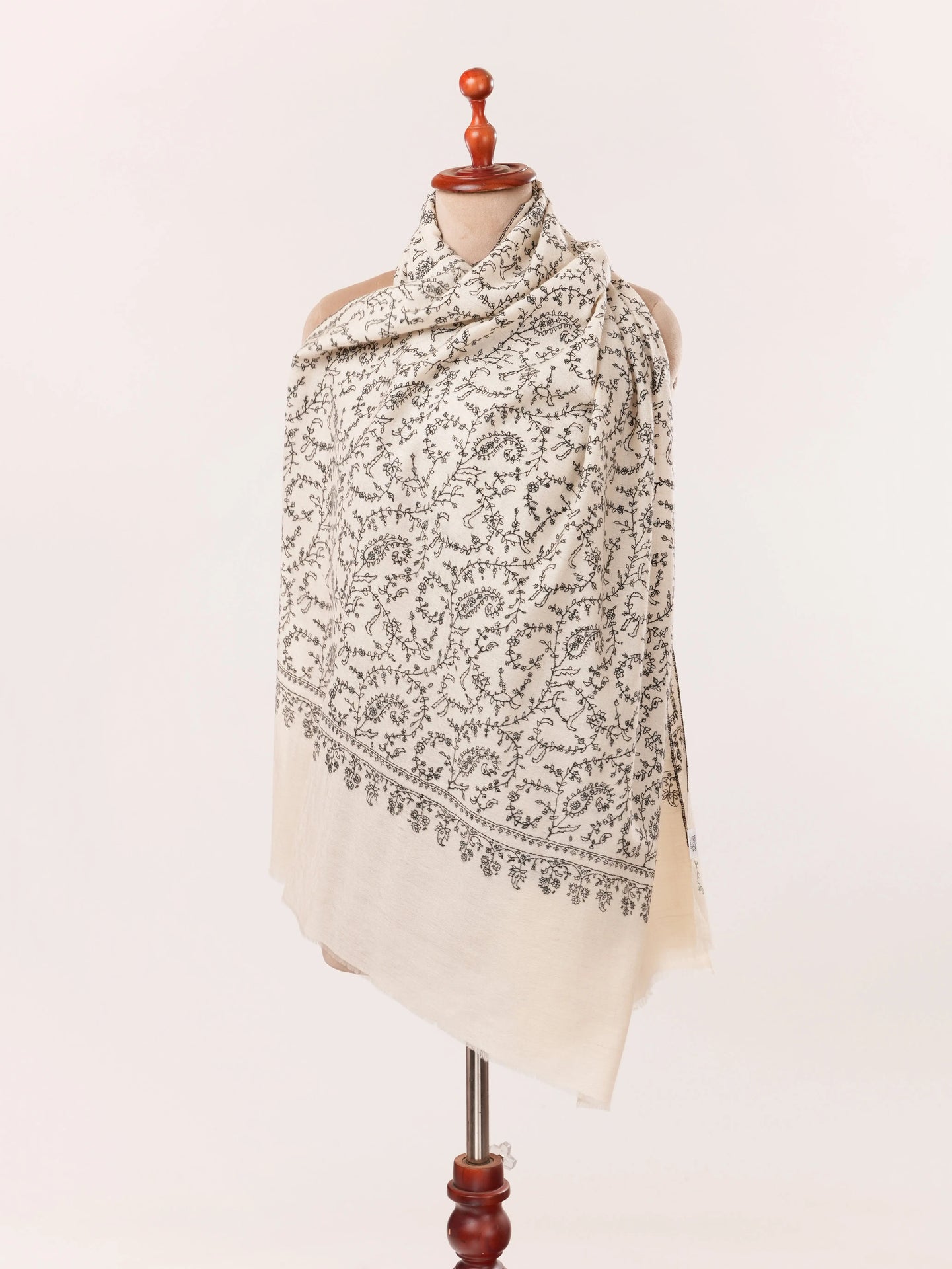 Natural White Cashmere Scarf Handwoven in Kashmir with Black Sozni Jali Embroidery Shahkaar.com