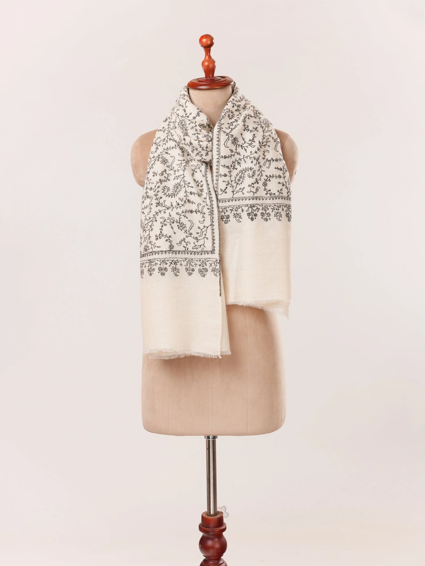 Natural White Cashmere Scarf Handwoven in Kashmir with Black Sozni Jali Embroidery Shahkaar.com