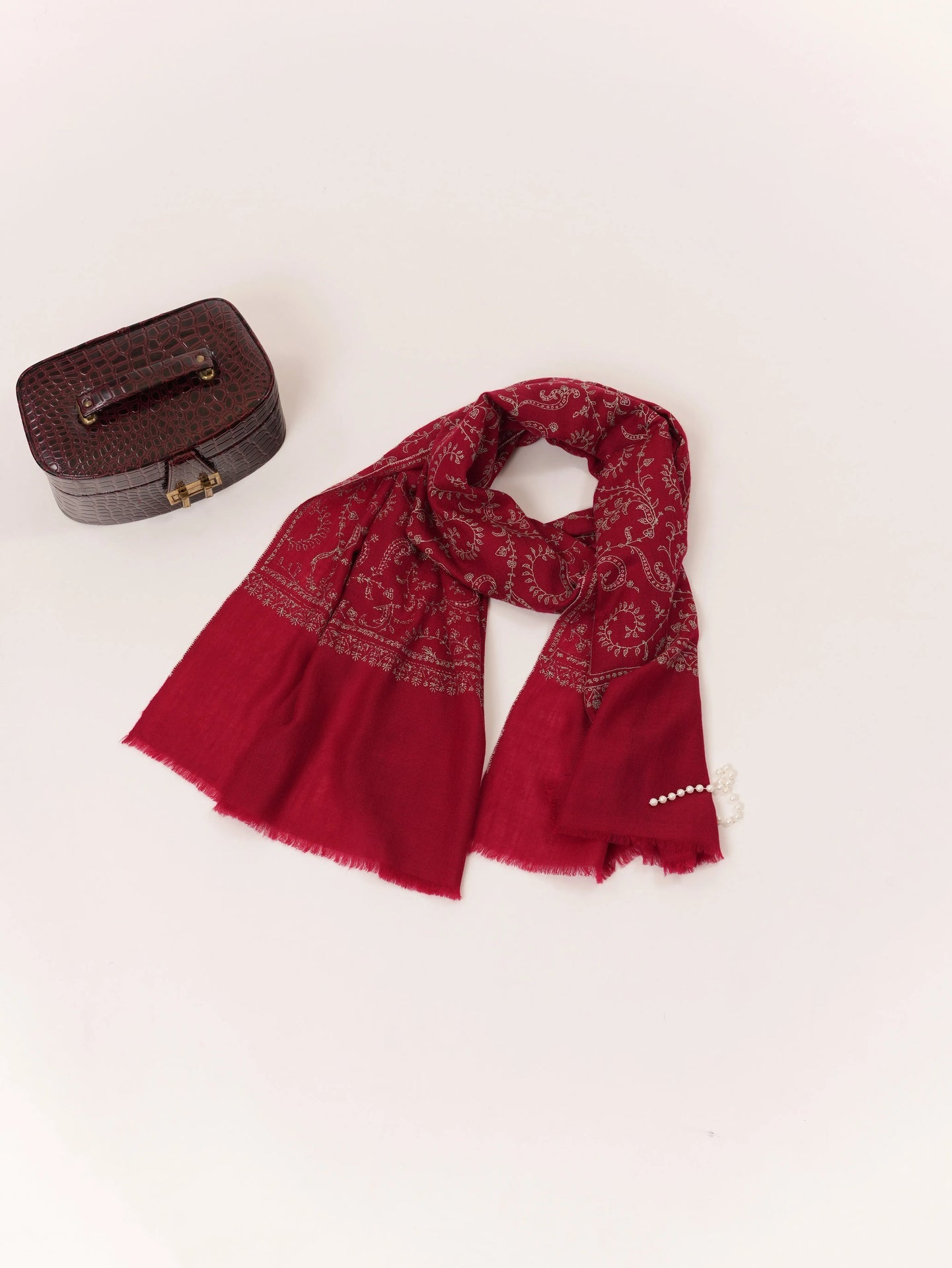 Maroon Baby Soft Cashmere Scarf with Jali Hand Sozni Embroidery Shahkaar.com