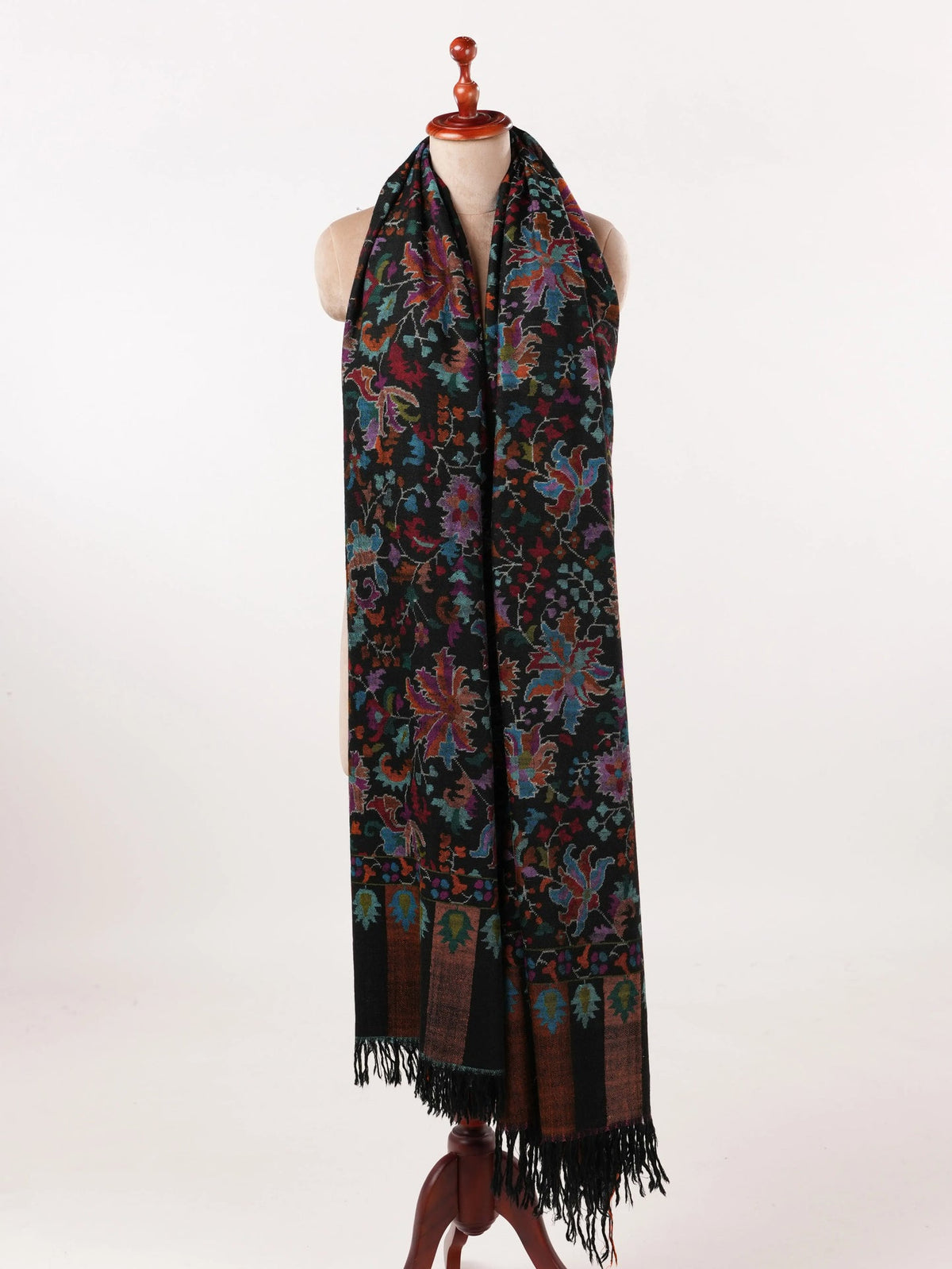 Kashmiri Black Kani Handwoven Authentic Long Pashmina Shawl