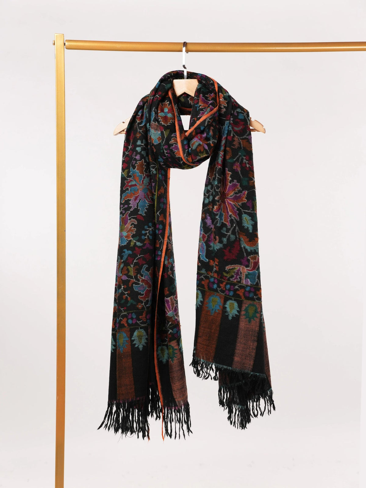 Kashmiri Black Kani Handwoven Authentic Long Pashmina Shawl
