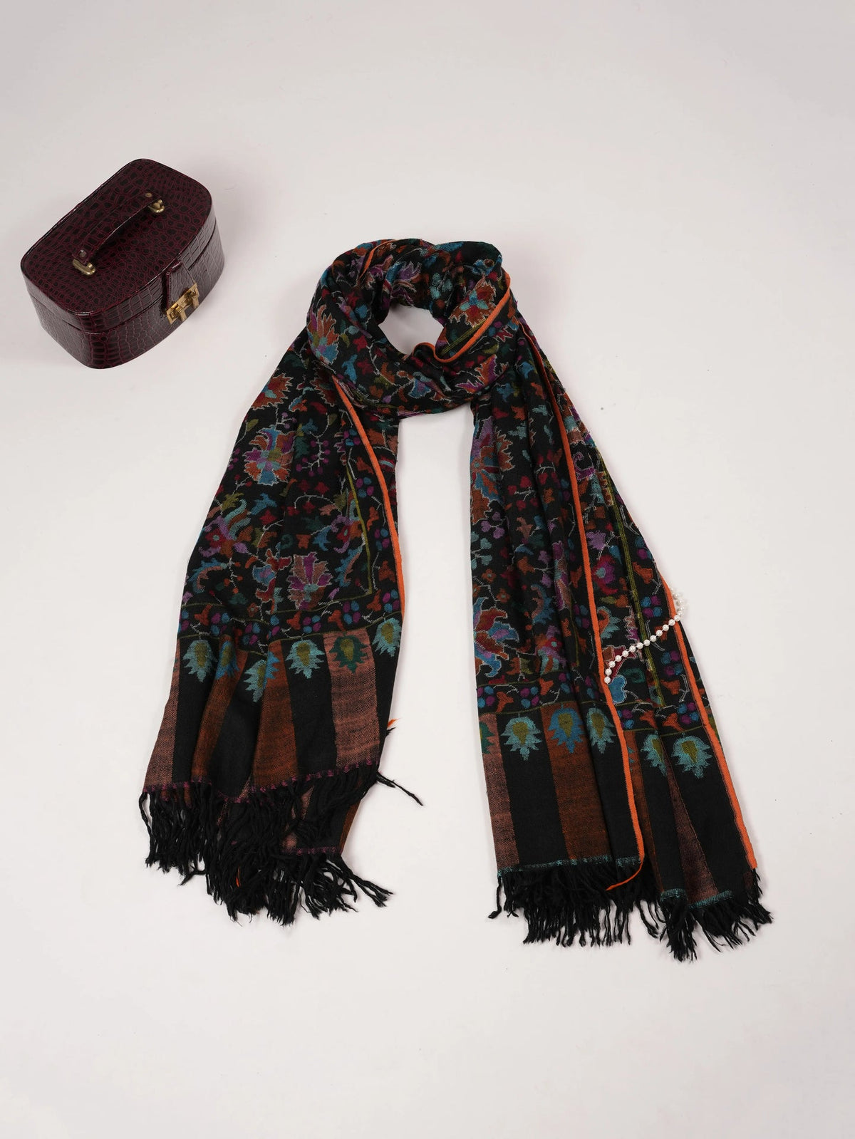Kashmiri Black Kani Handwoven Authentic Long Pashmina Shawl