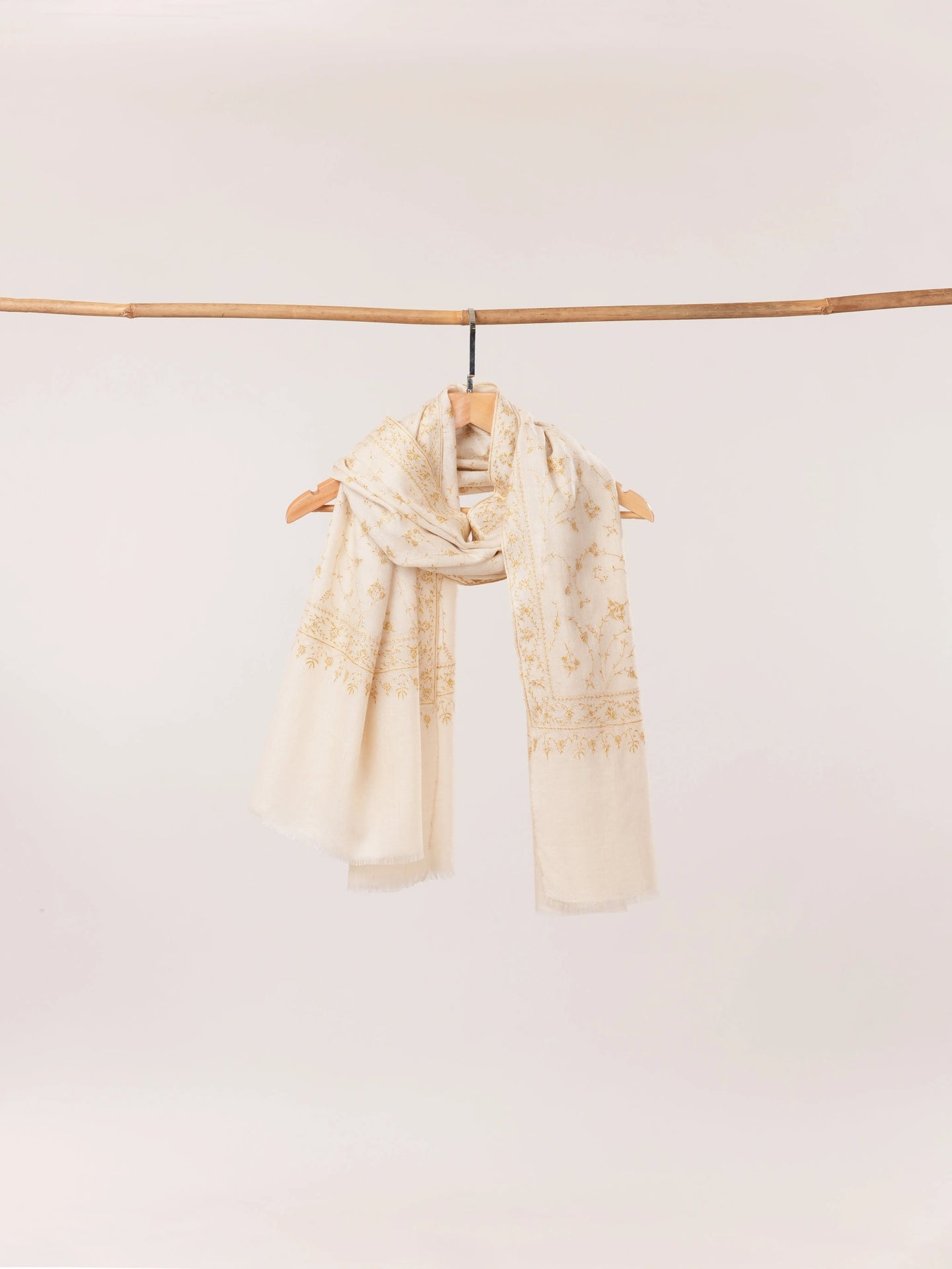 Natural White Kashmiri Handwoven Pashmina Shawl with Jali Hand Sozni Embroidery Shahkaar.com