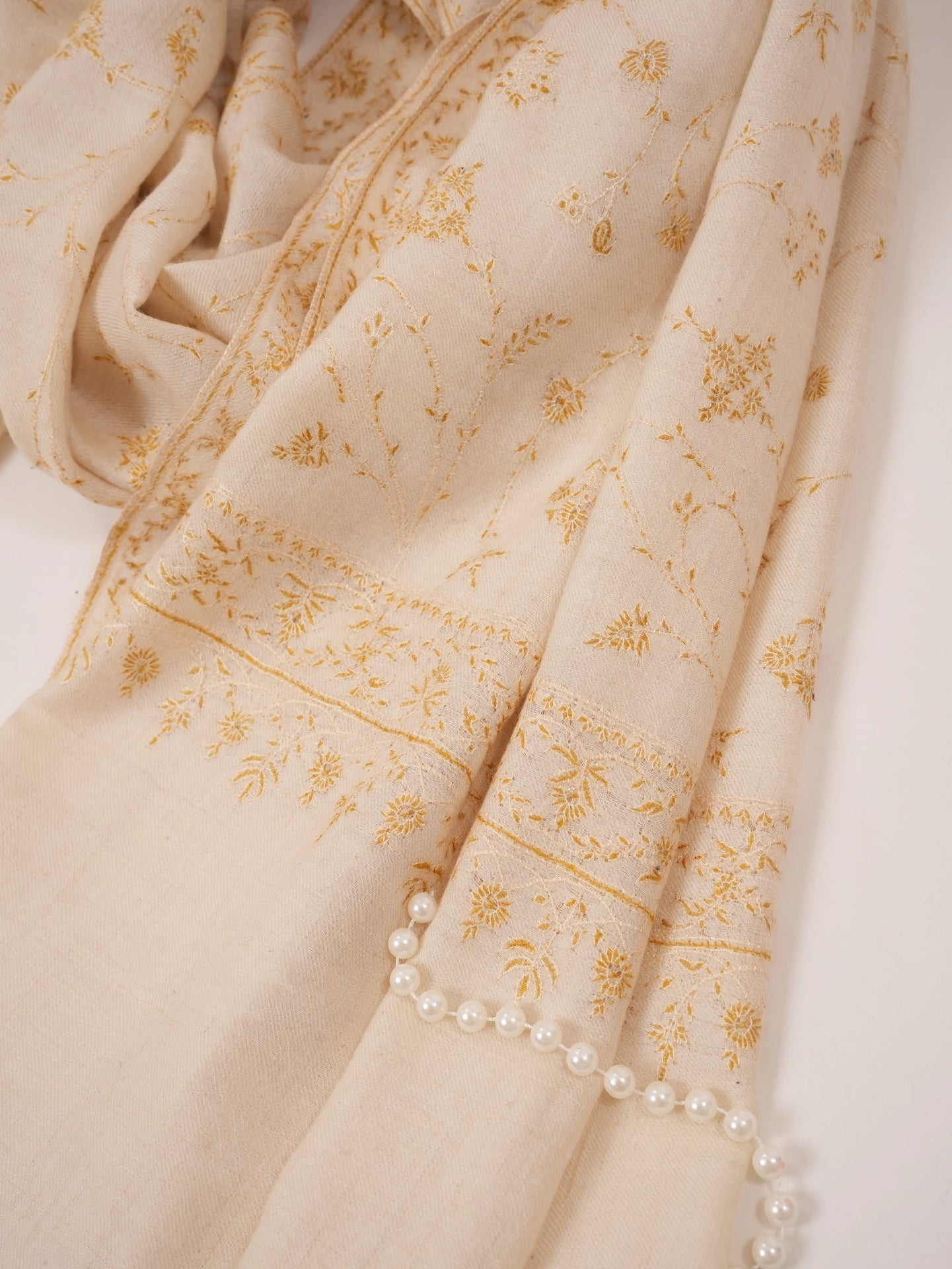 Natural White Kashmiri Handwoven Pashmina Shawl with Jali Hand Sozni Embroidery Shahkaar.com
