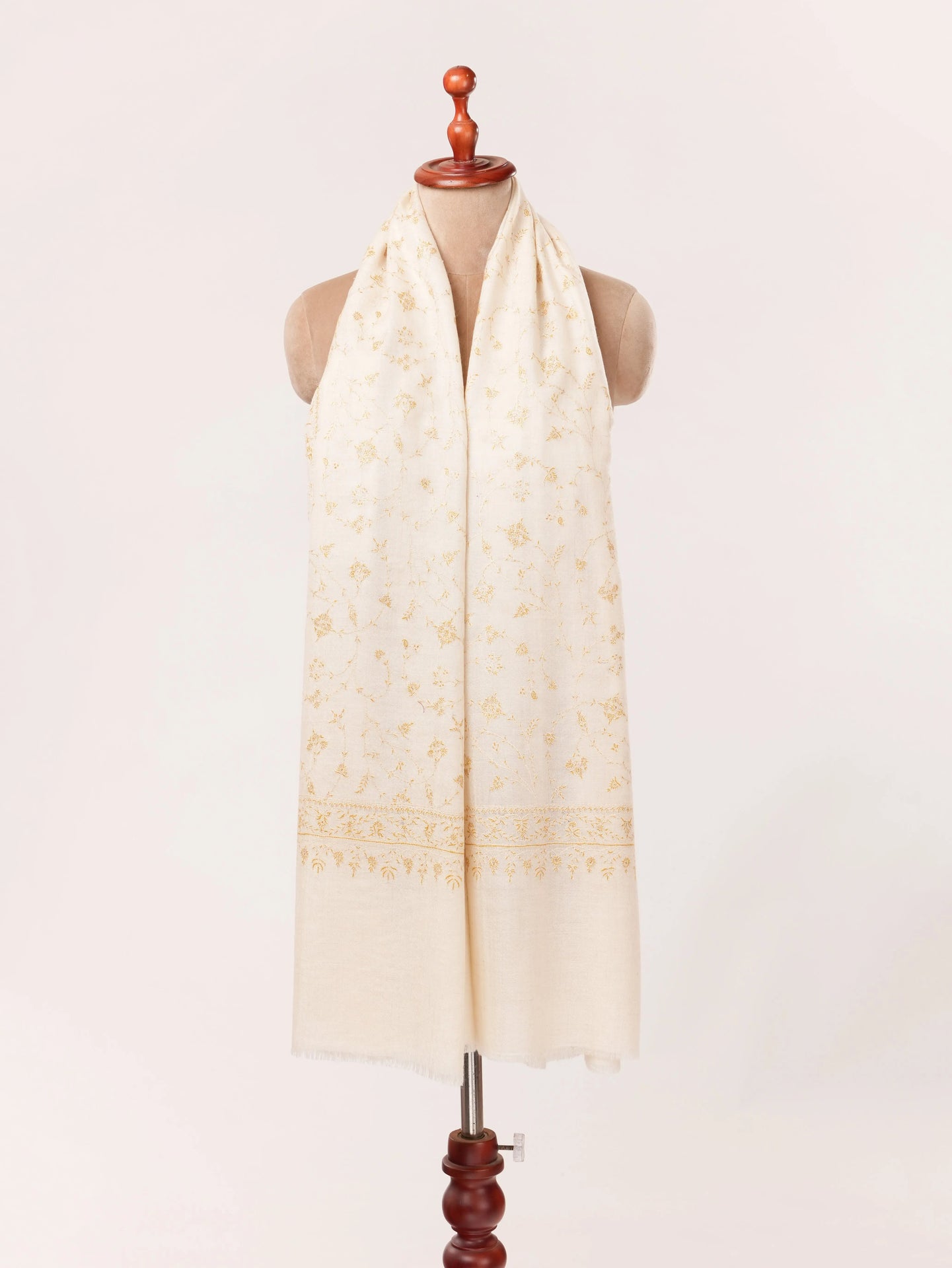 Natural White Kashmiri Handwoven Pashmina Shawl with Jali Hand Sozni Embroidery Shahkaar.com