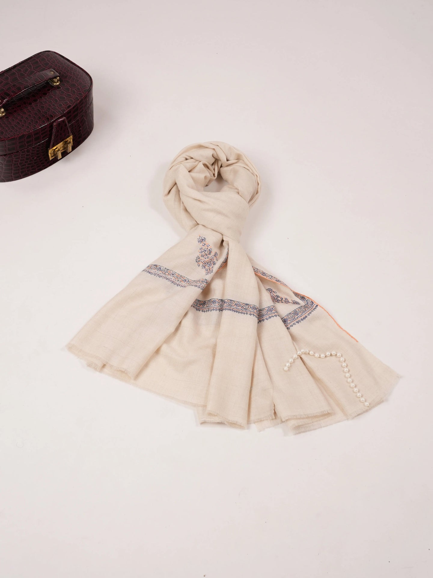 Natural White  Pashmina Shawl with Baildar Hand Embroidery Shahkaar.com