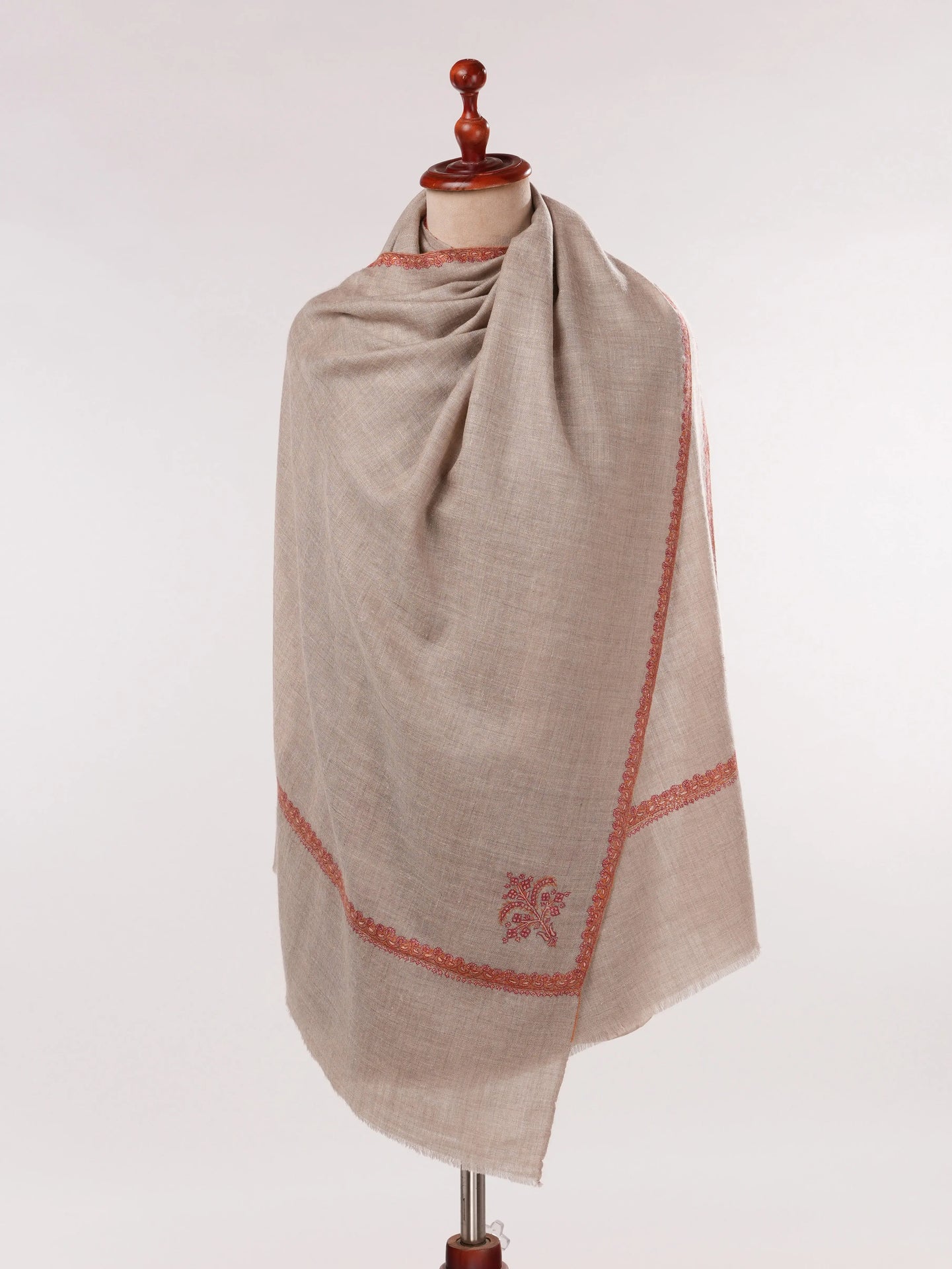 Natural Taupe Handwoven Original Cashmere Scarf with Hashia Sozni Embroidery Shahkaar.com