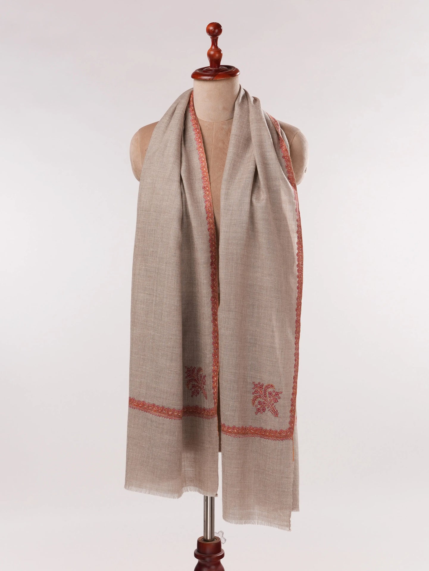 Natural Taupe Handwoven Original Cashmere Scarf with Hashia Sozni Embroidery Shahkaar.com