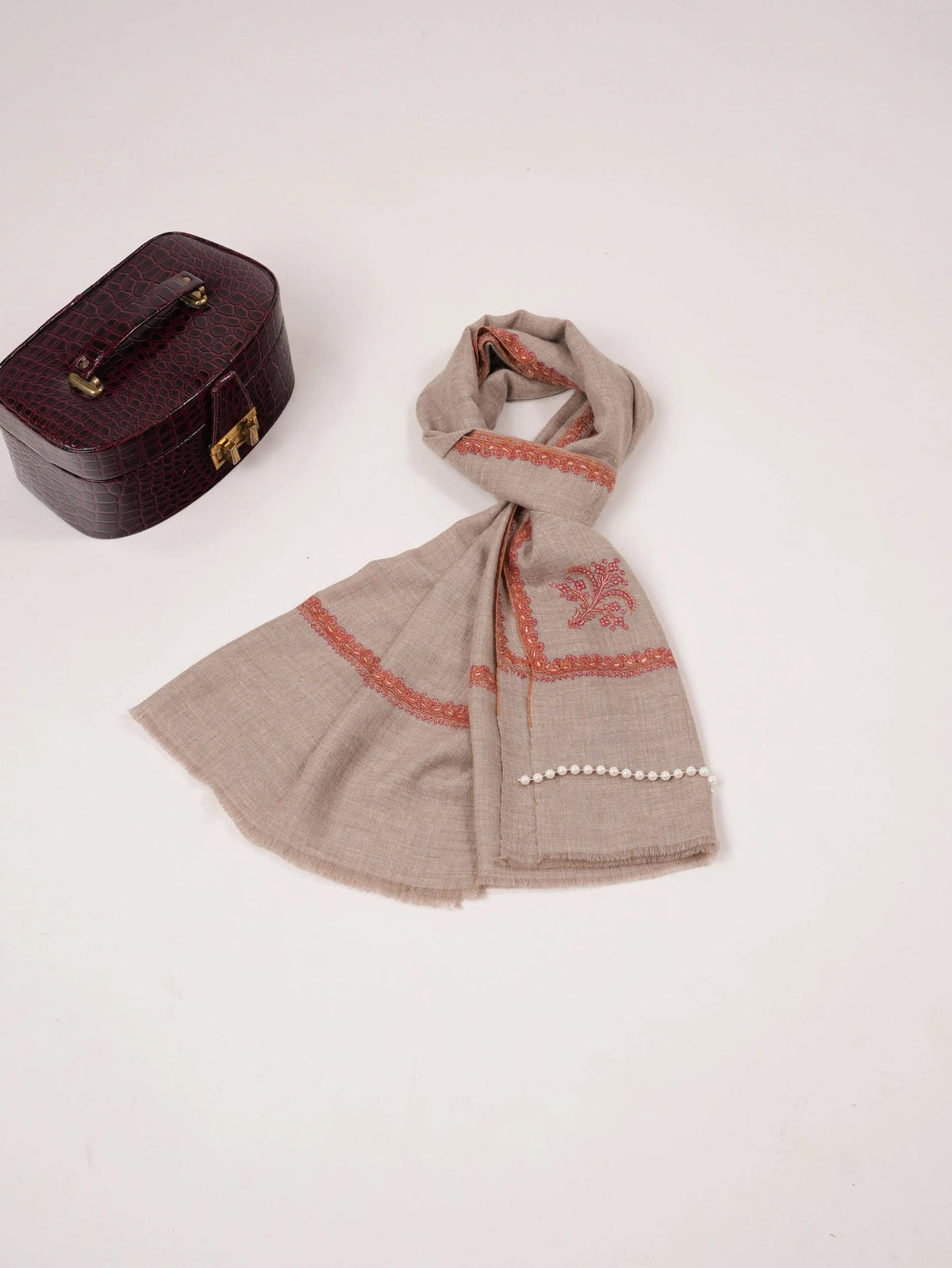 Natural Taupe Handwoven Original Cashmere Scarf with Hashia Sozni Embroidery Shahkaar.com