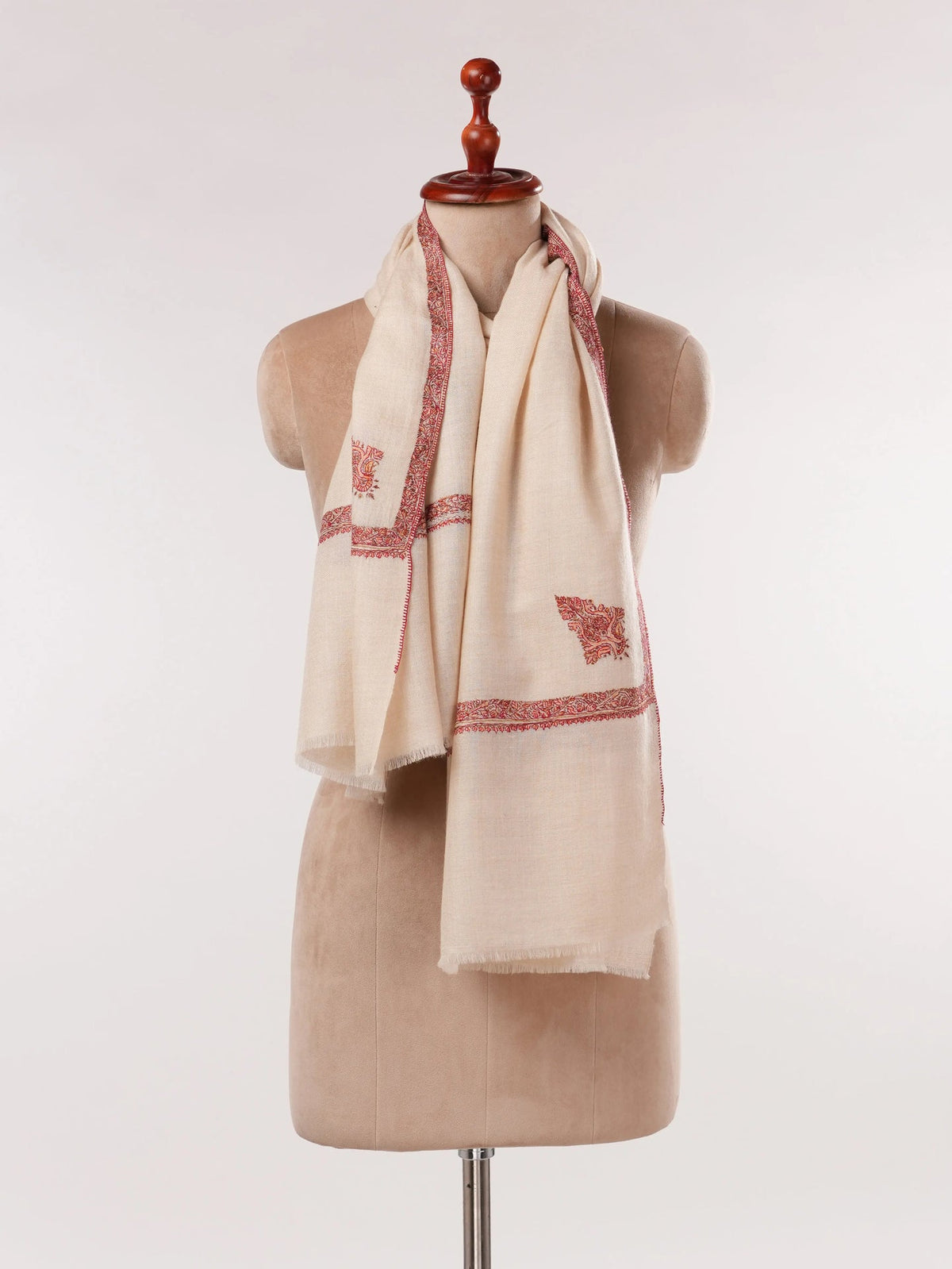 Natural White Cashmere Scarf with Hashia Classic Embroidery Shahkaar.com