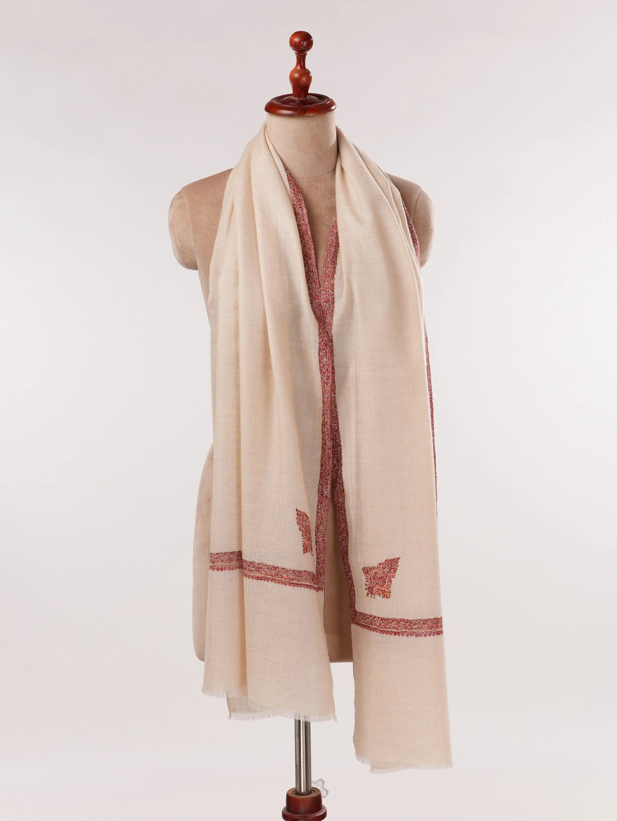 Natural White Cashmere Scarf with Hashia Classic Embroidery Shahkaar.com