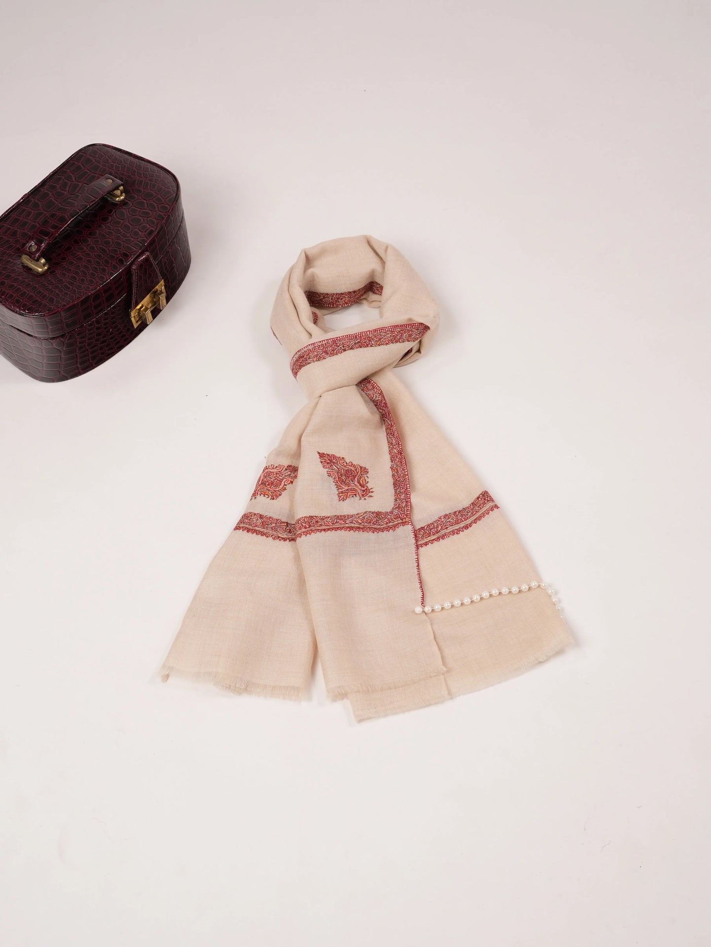 Natural White Cashmere Scarf with Hashia Classic Embroidery Shahkaar.com