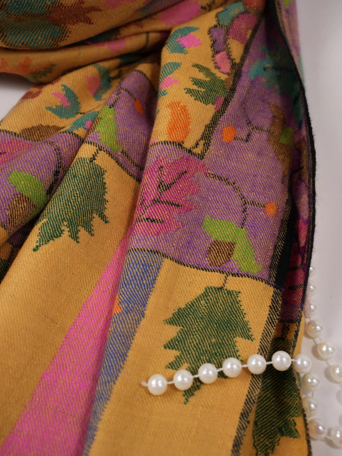 Handwoven Mustard Lightweight Pashmina Kani Shawl from Kashmir Shahkaar.com