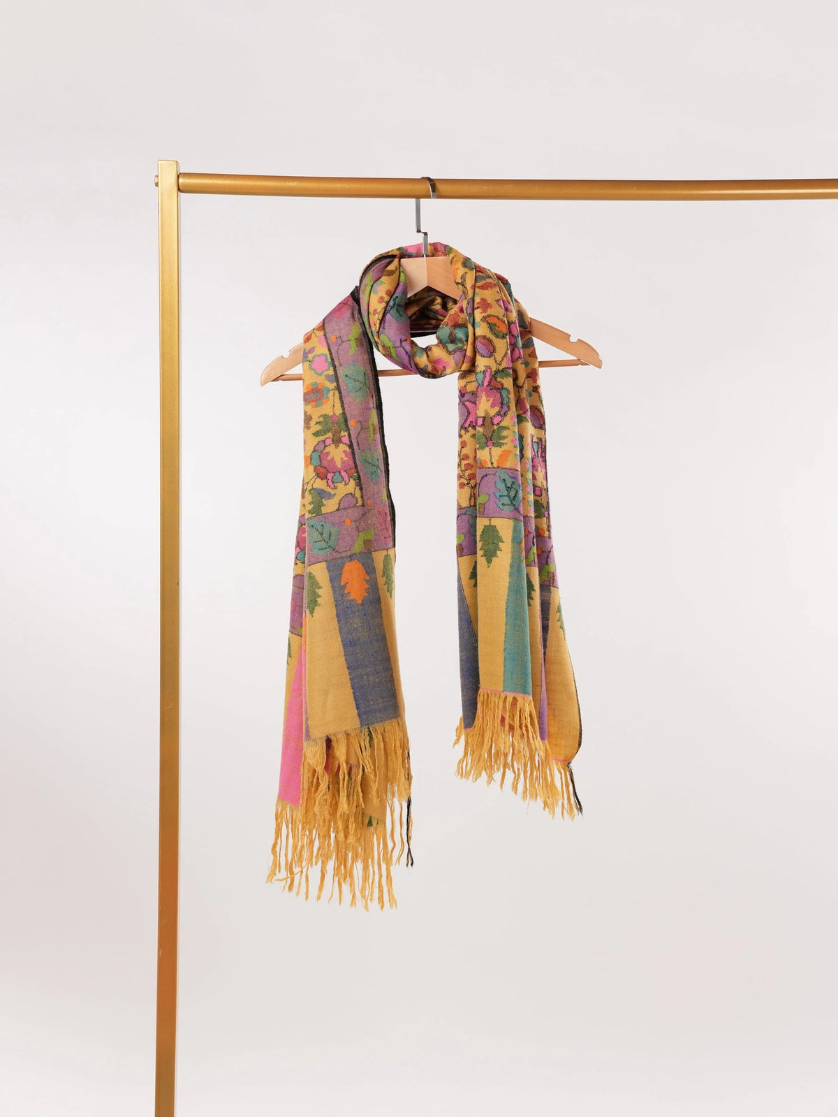 Handwoven Mustard Lightweight Pashmina Kani Shawl from Kashmir Shahkaar.com