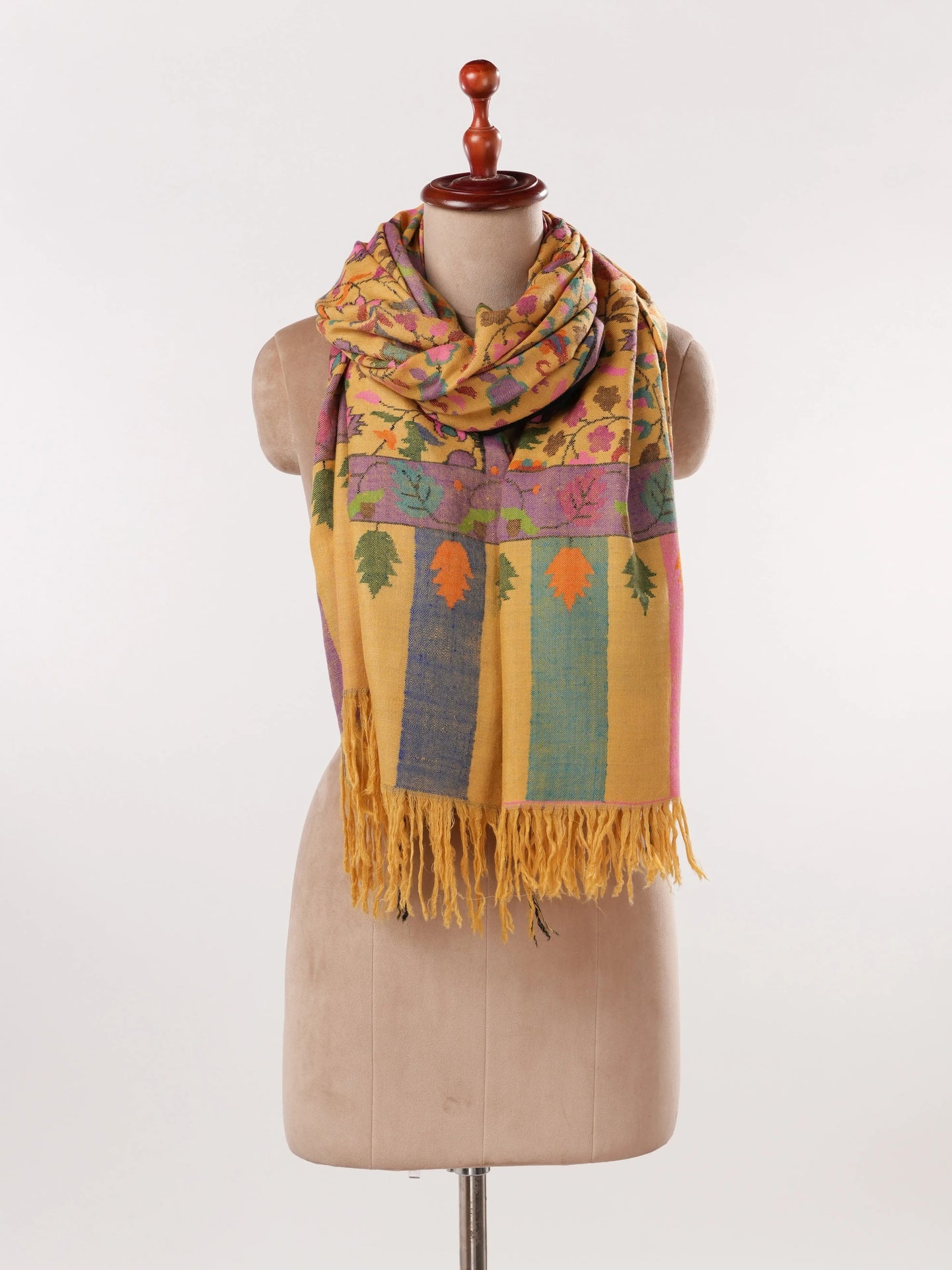 Handwoven Mustard Lightweight Pashmina Kani Shawl from Kashmir Shahkaar.com