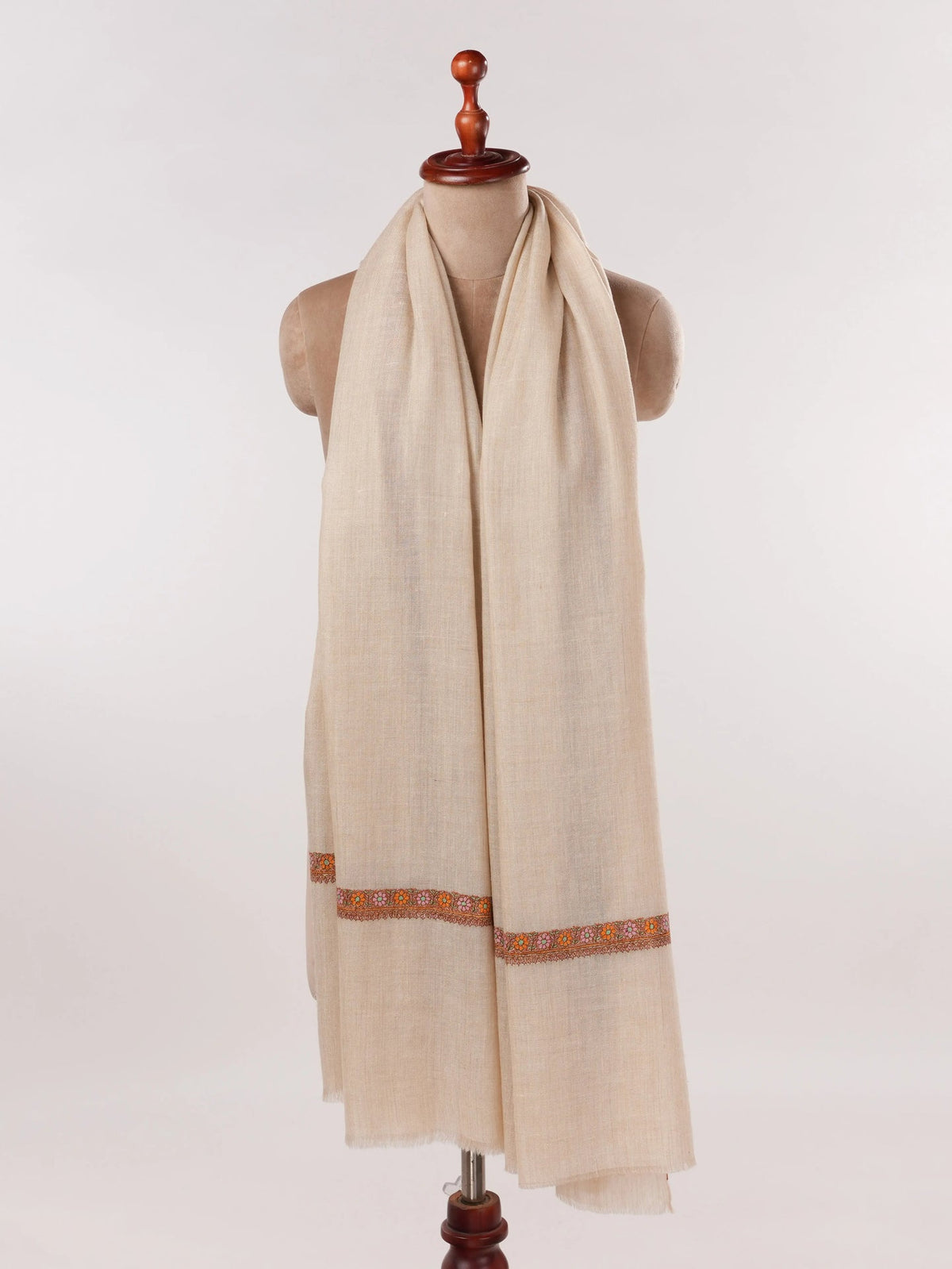 Natural White Handwoven Hashidar Sozni Embroidered Pashmina Shawl