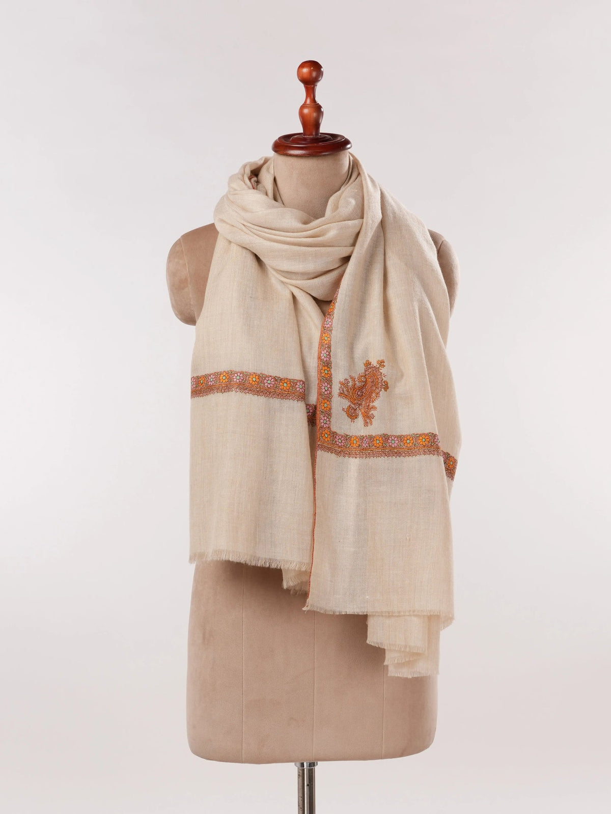 Natural White Handwoven Hashidar Sozni Embroidered Pashmina Shawl