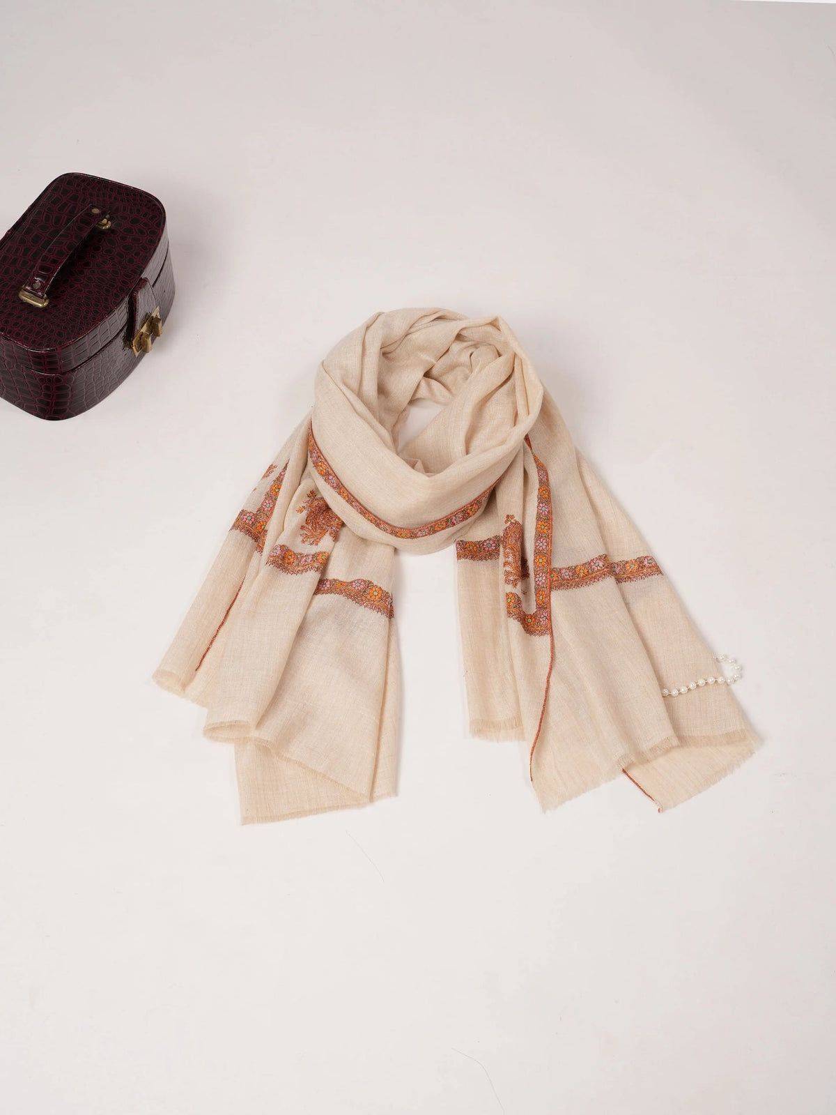 Natural White Handwoven Hashidar Sozni Embroidered Pashmina Shawl
