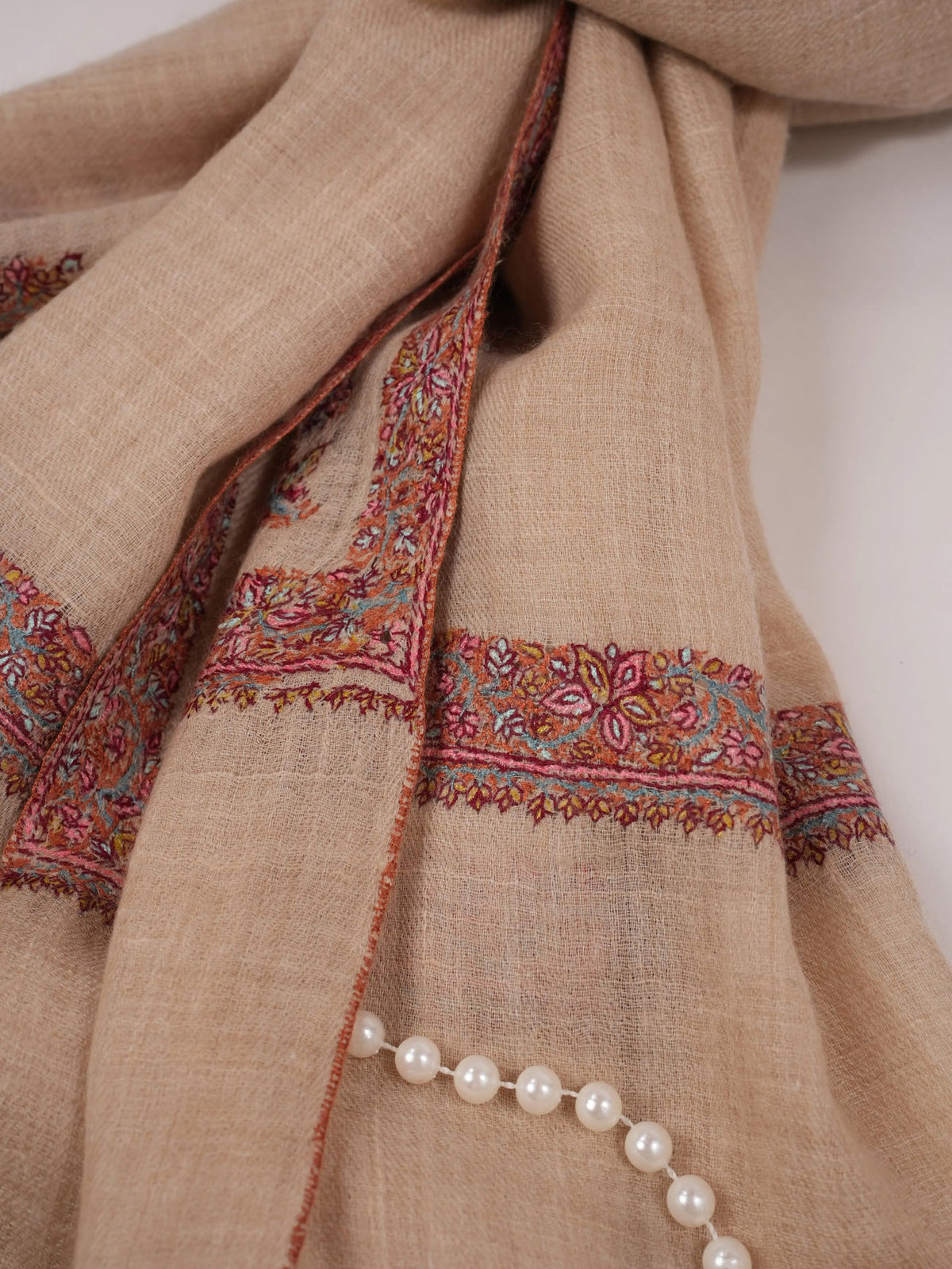 Offwhite Pashmina Shawl with Classic Hashidar Hand Embroidery Shahkaar.com