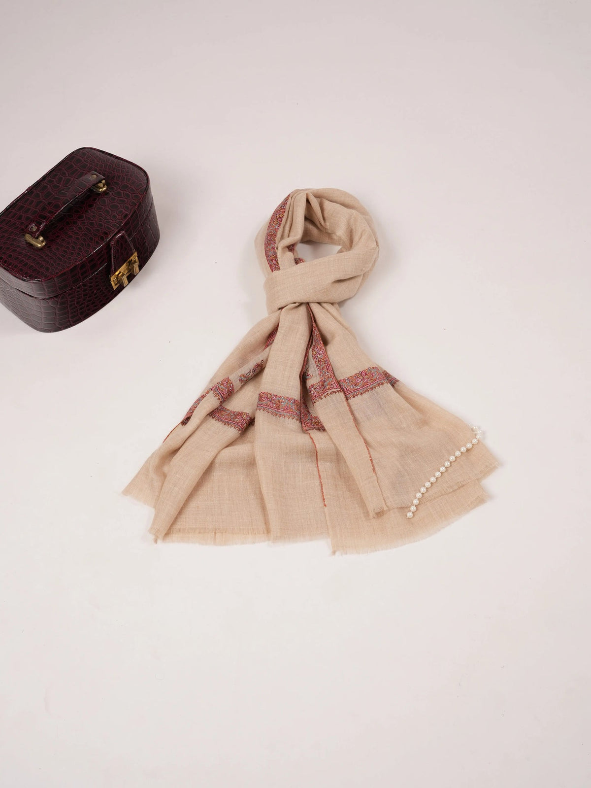 Offwhite Pashmina Shawl with Classic Hashidar Hand Embroidery Shahkaar.com