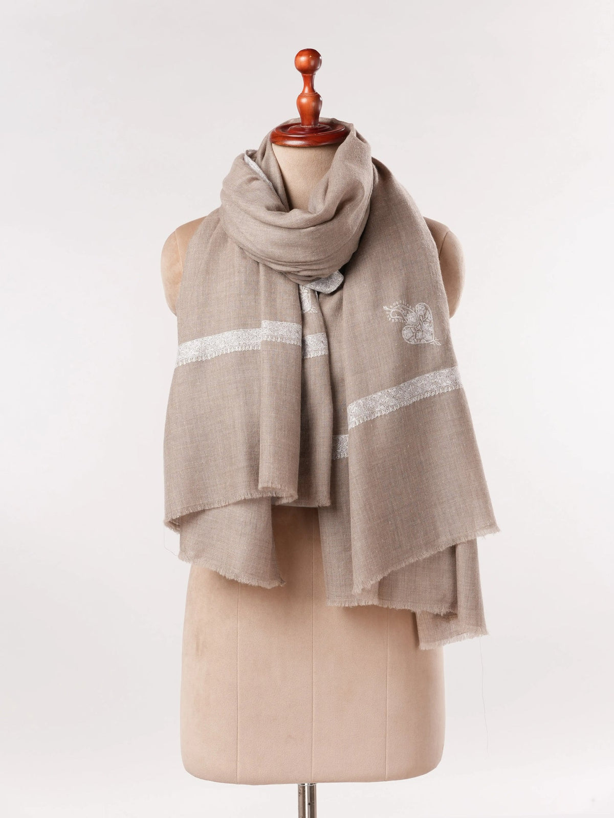 Natural Beige Pashmina Shawl with Hand Sozni Hashidar Embroidery
