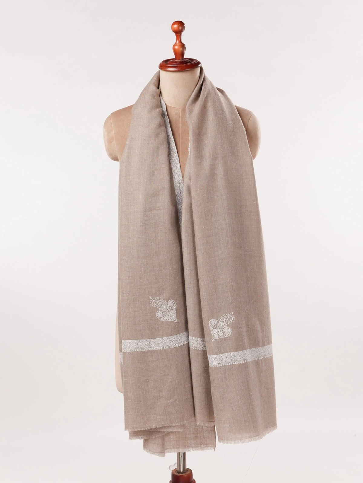 Natural Beige Pashmina Shawl with Hand Sozni Hashidar Embroidery