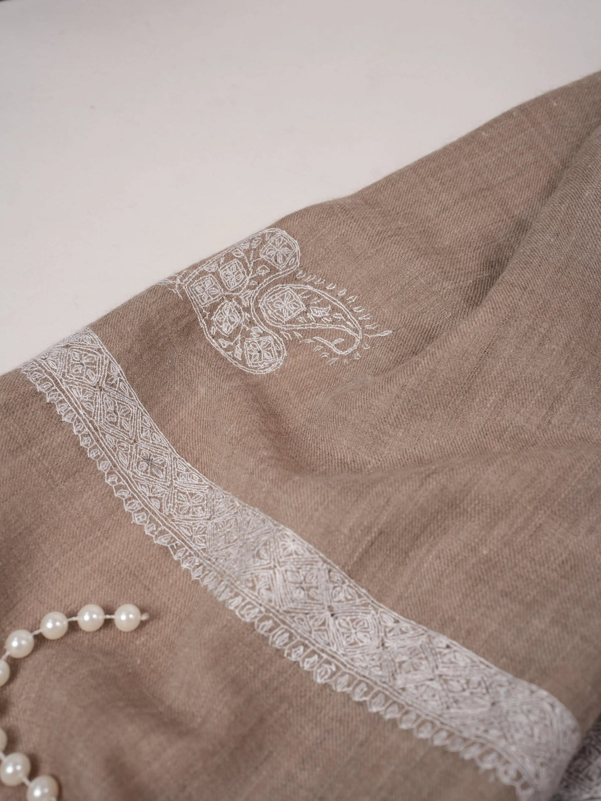 Natural Beige Pashmina Shawl with Hand Sozni Hashidar Embroidery
