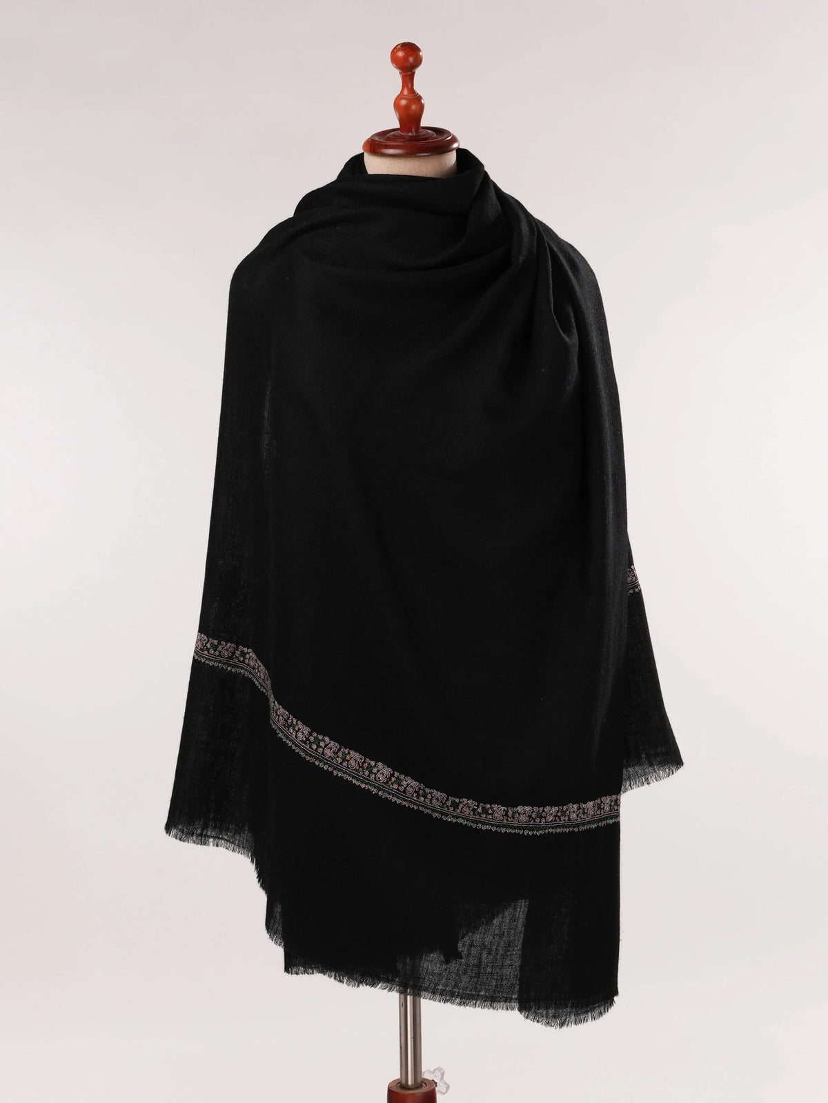 Black Handwoven Pure Pashmina Shawl with Hashidar Sozni Embroidery Shahkaar.com