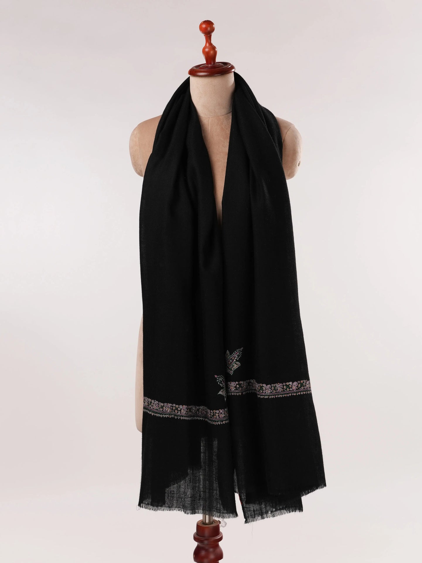 Black Handwoven Pure Pashmina Shawl with Hashidar Sozni Embroidery Shahkaar.com